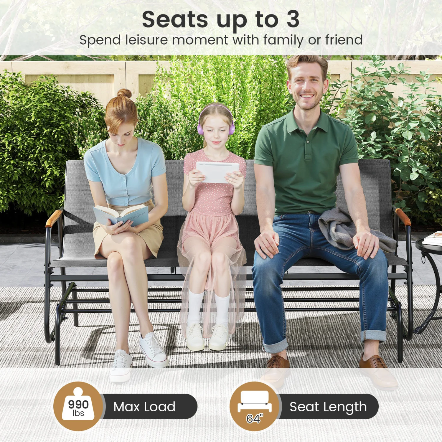 Patio Glider Bench, Curved Teak Armrests, Fabric Seat, 3 Person, Gray - Image 9