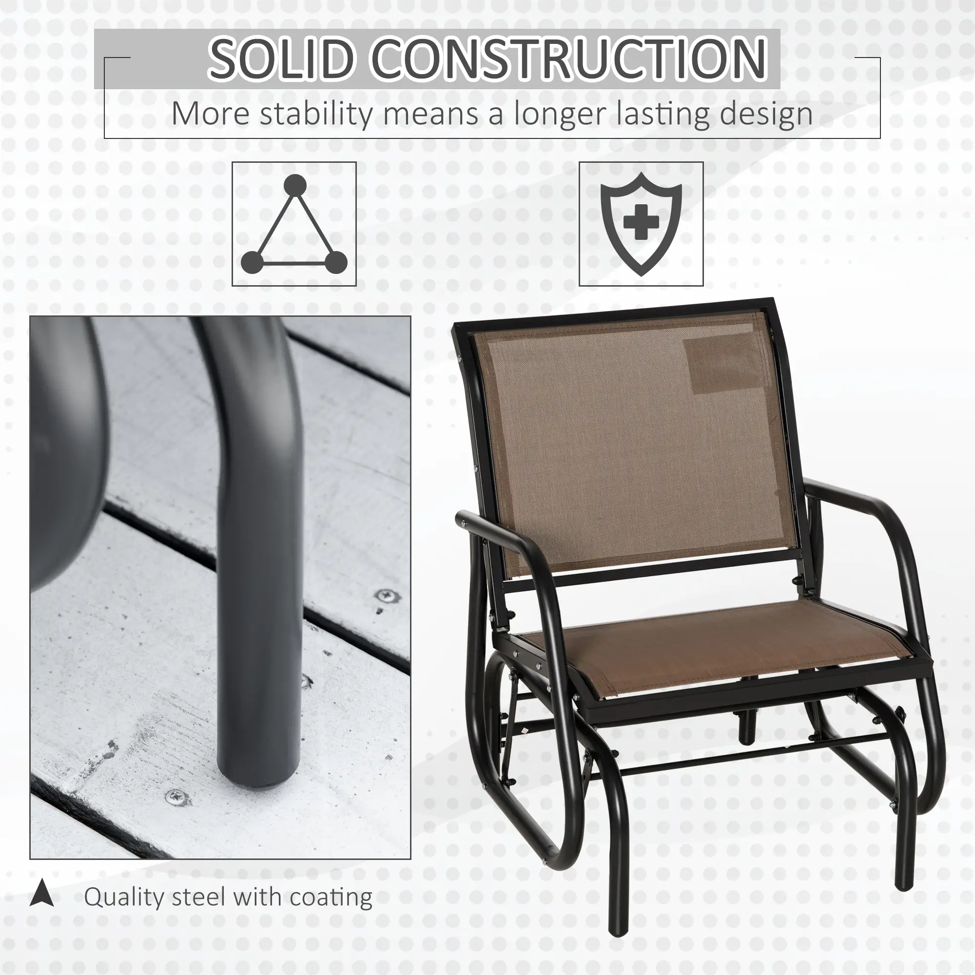 Patio Glider, Breathable Mesh Seat, Metal Frame Swing Chair, Brown - Image 6