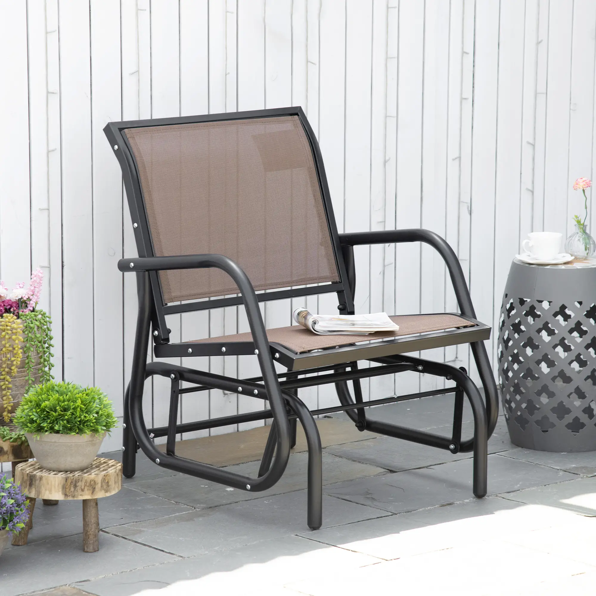 Patio Glider, Breathable Mesh Seat, Metal Frame Swing Chair, Brown - Image 8