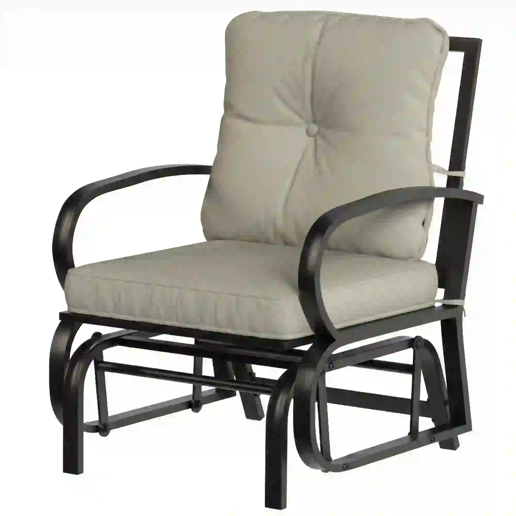 Patio Glider Chair With Cushions, Steel Frame, Curved Armrests, Beige