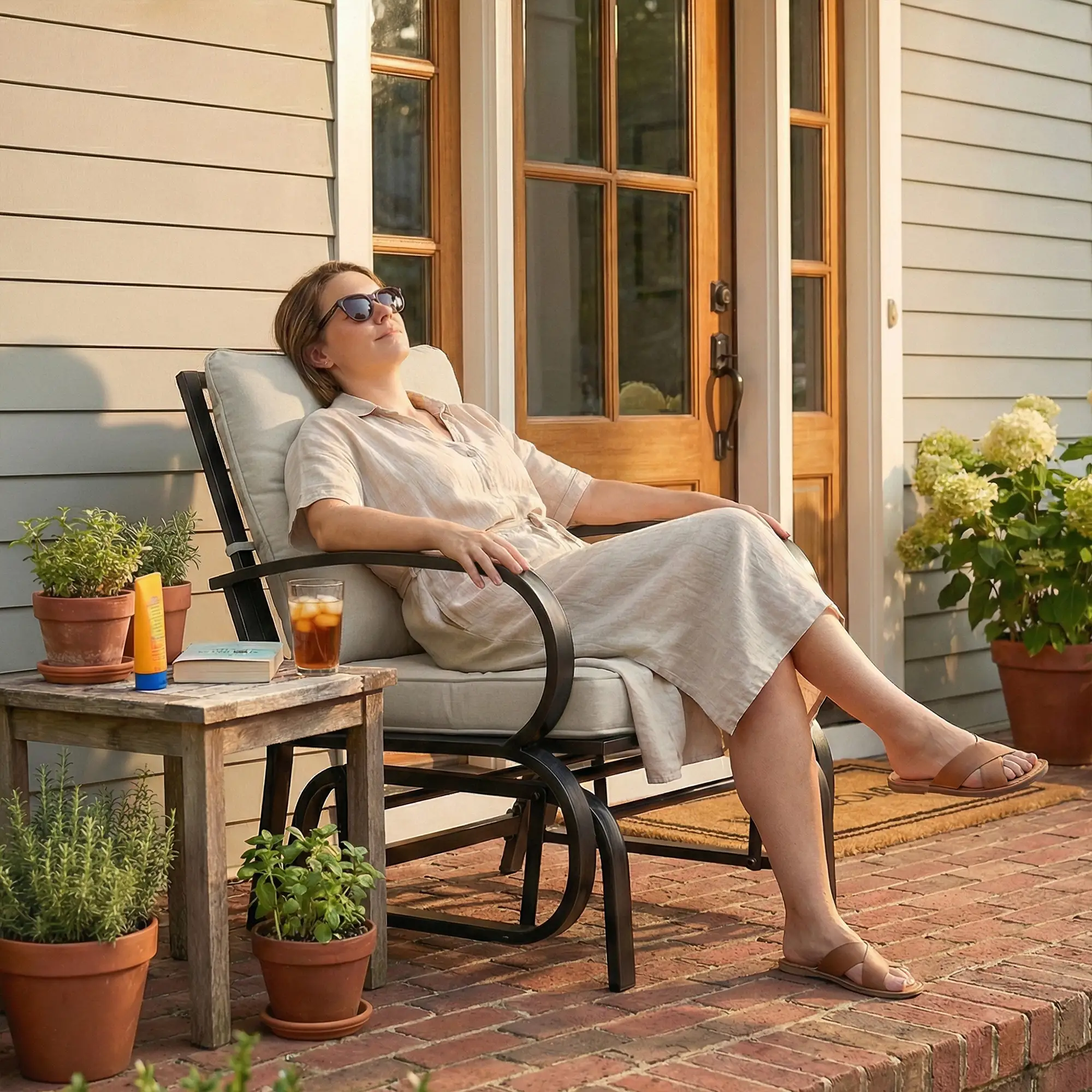 Patio Glider Chair With Cushions, Steel Frame, Curved Armrests, Beige - Image 10