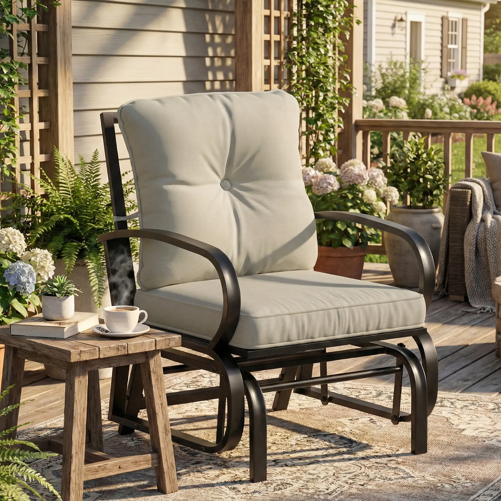 Patio Glider Chair With Cushions, Steel Frame, Curved Armrests, Beige - Image 2