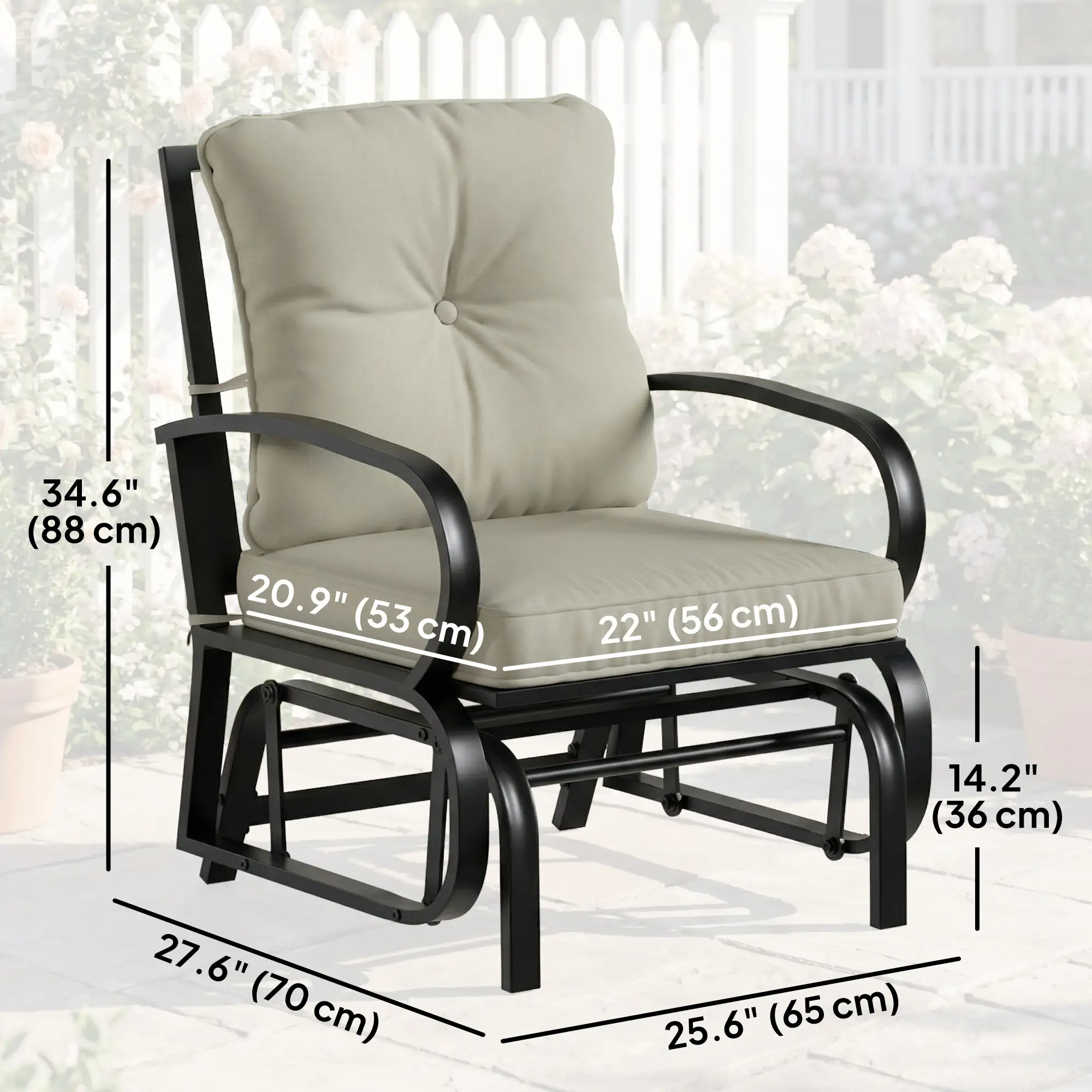 Patio Glider Chair With Cushions, Steel Frame, Curved Armrests, Beige - Image 3