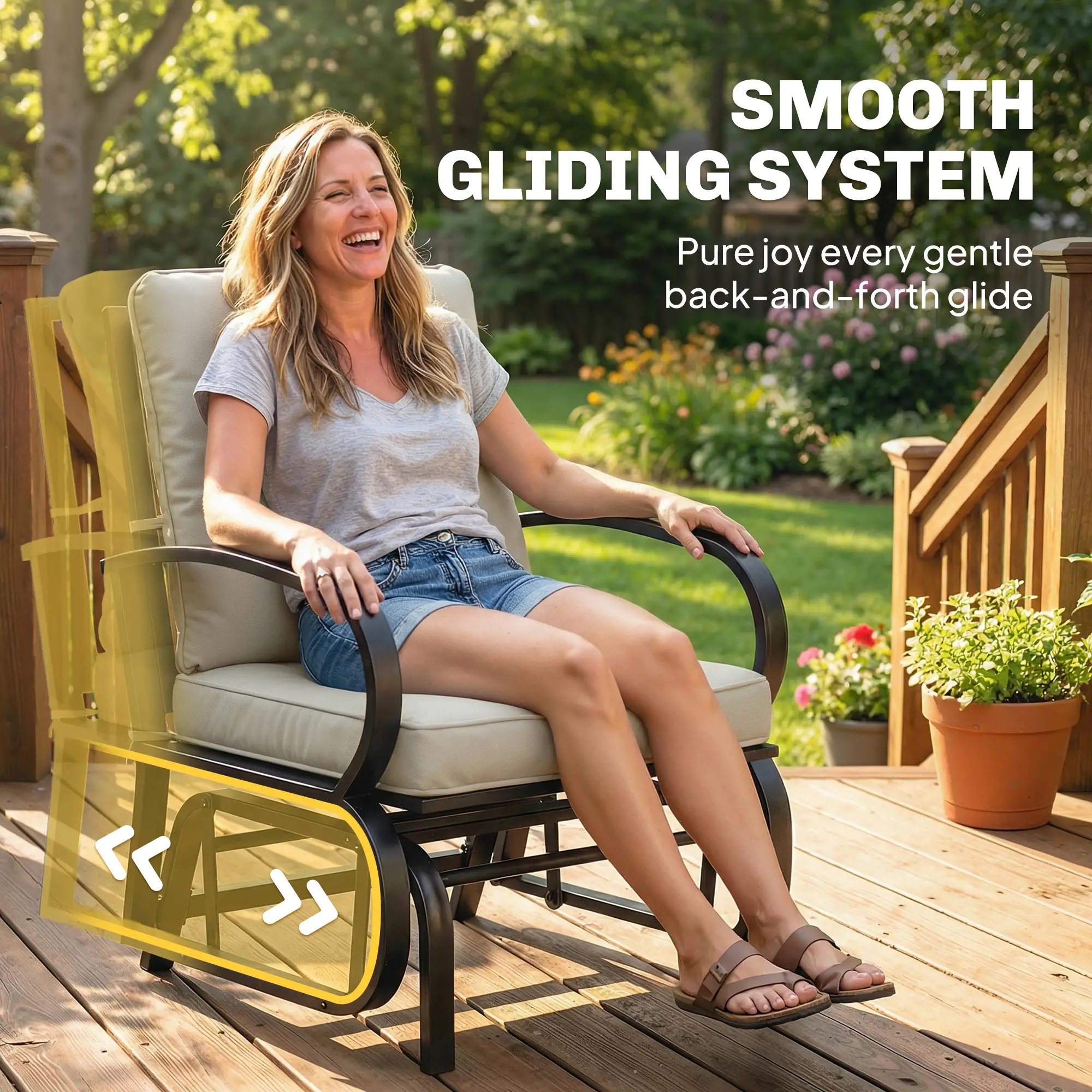 Patio Glider Chair With Cushions, Steel Frame, Curved Armrests, Beige - Image 4