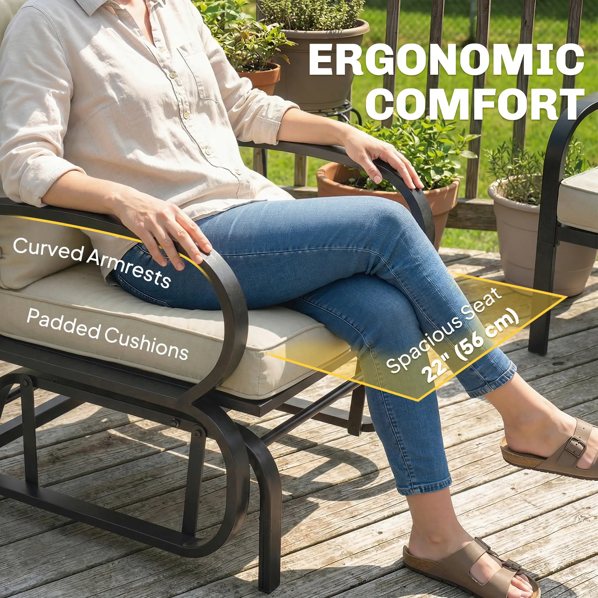 Patio Glider Chair With Cushions, Steel Frame, Curved Armrests, Beige - Image 6