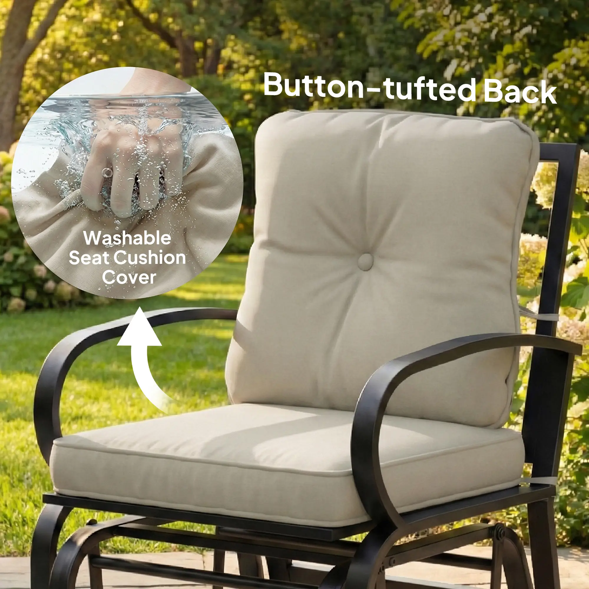 Patio Glider Chair With Cushions, Steel Frame, Curved Armrests, Beige - Image 7