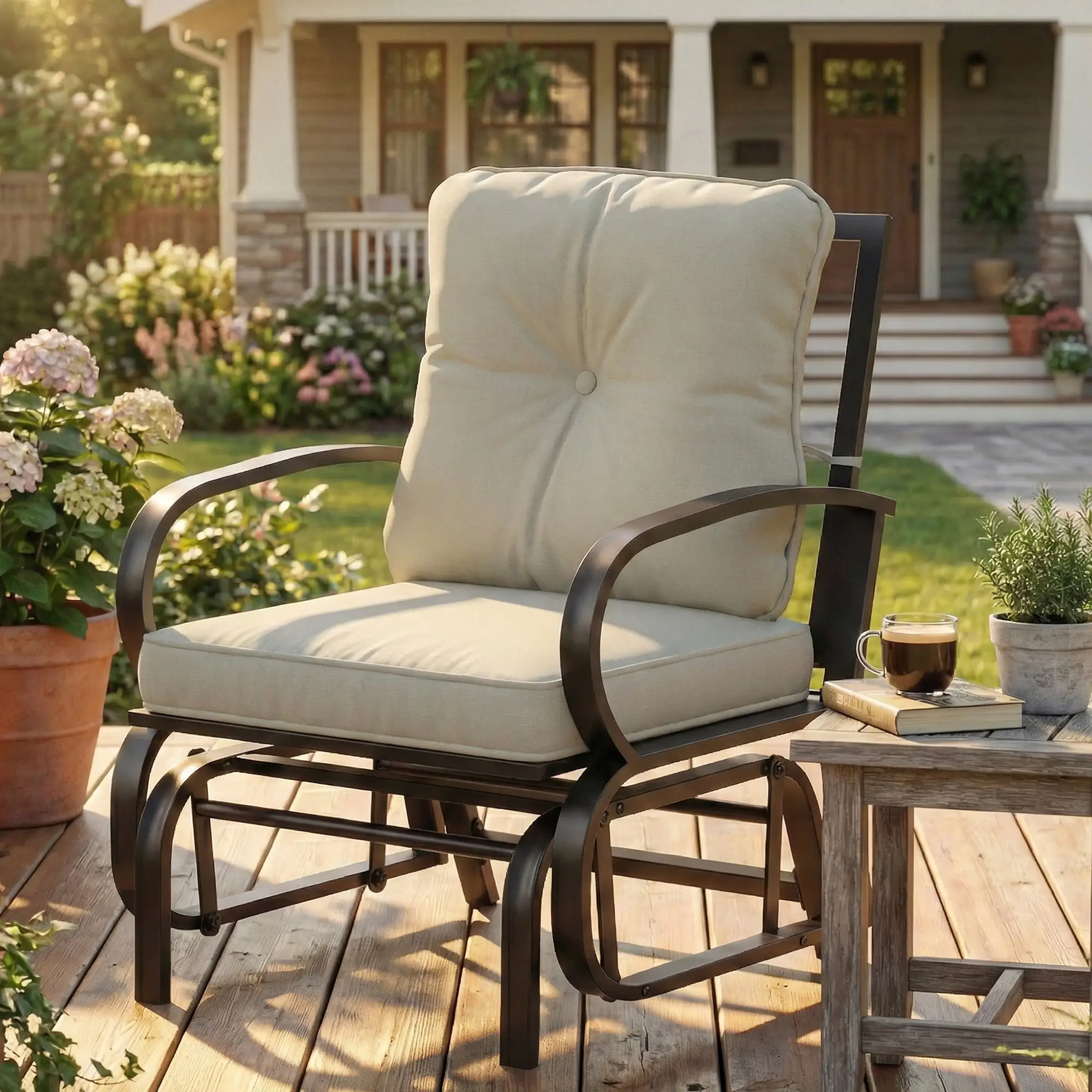 Patio Glider Chair With Cushions, Steel Frame, Curved Armrests, Beige - Image 8
