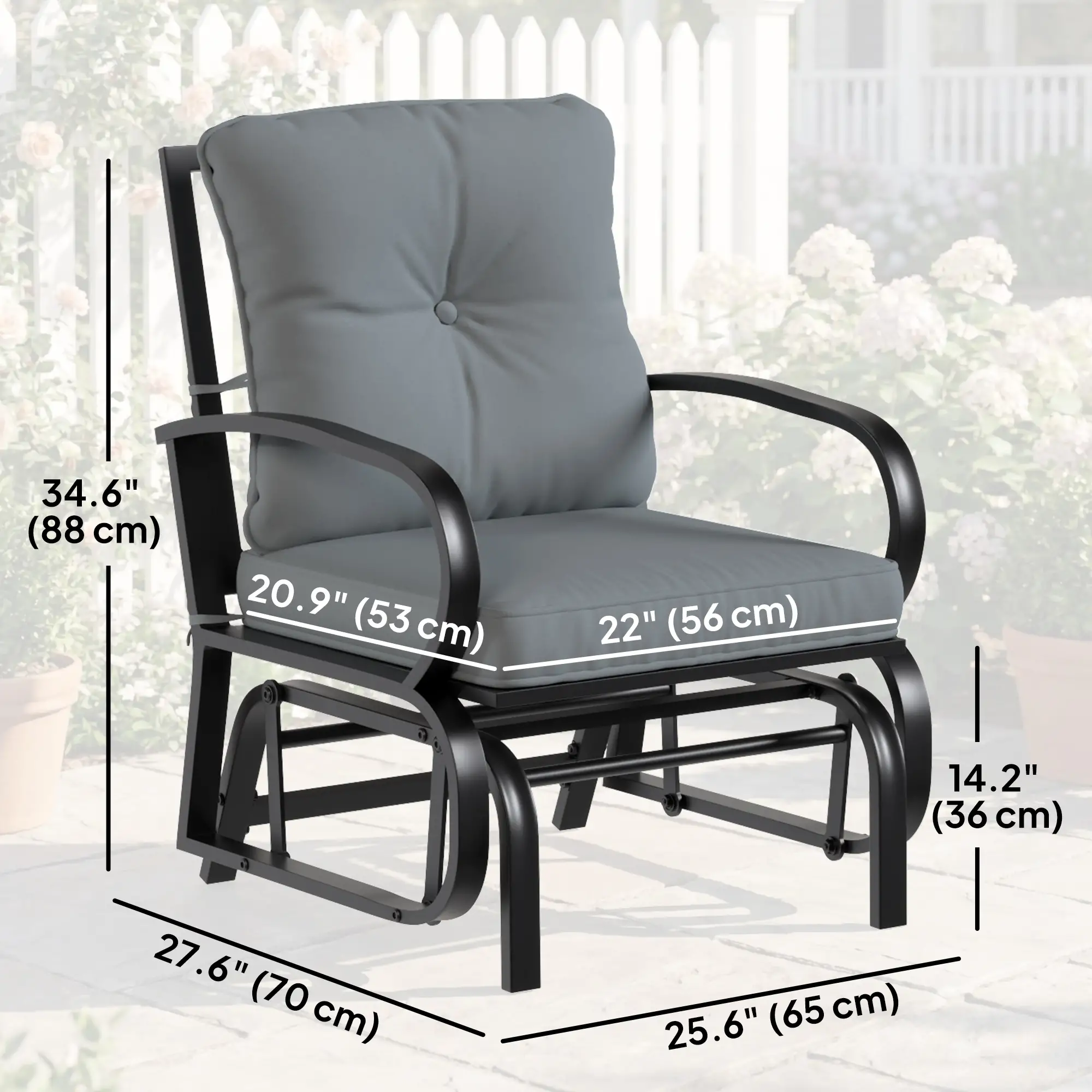 Patio Glider Chair With Cushions, Steel Frame, Curved Armrests, Light Grey - Image 3