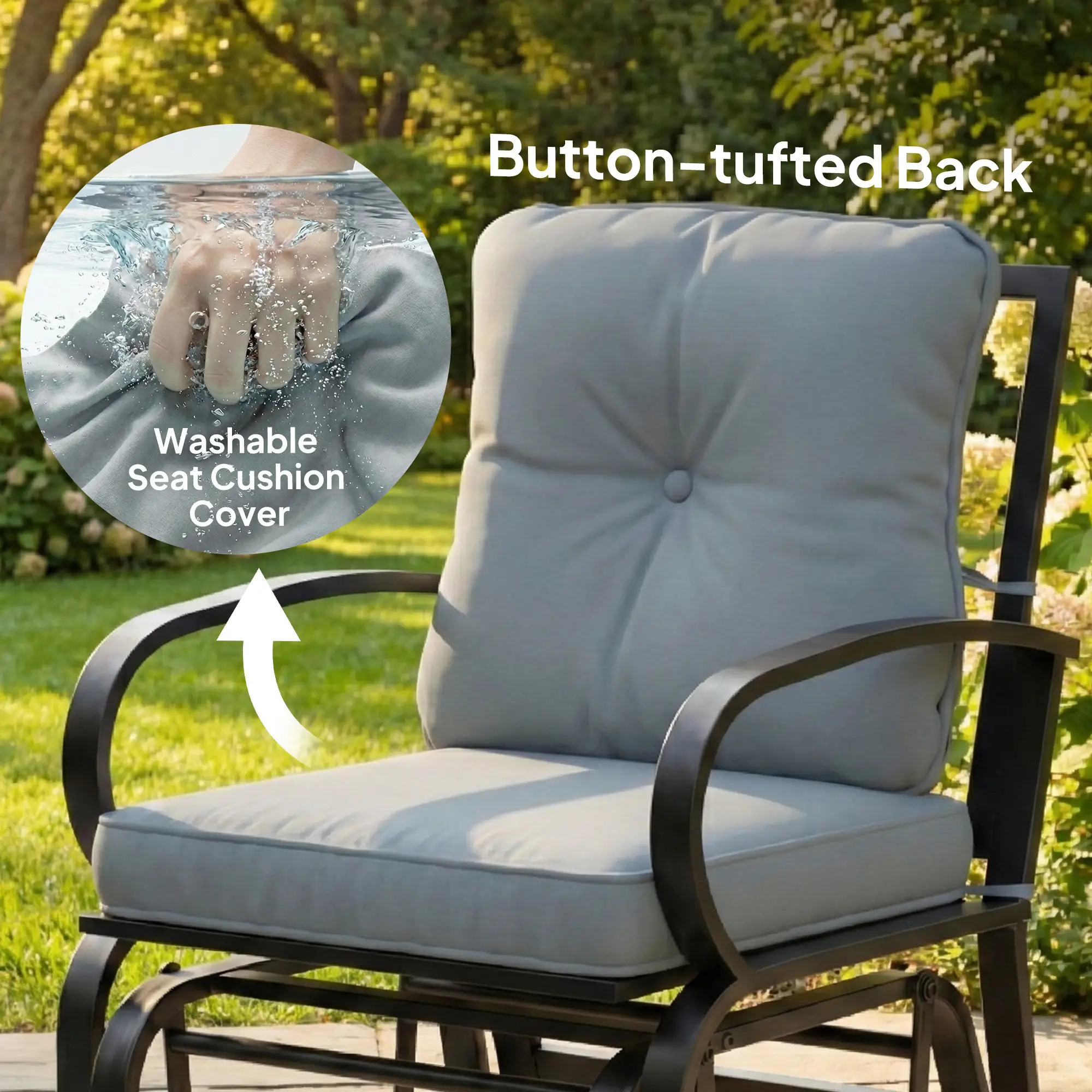Patio Glider Chair With Cushions, Steel Frame, Curved Armrests, Light Grey - Image 7
