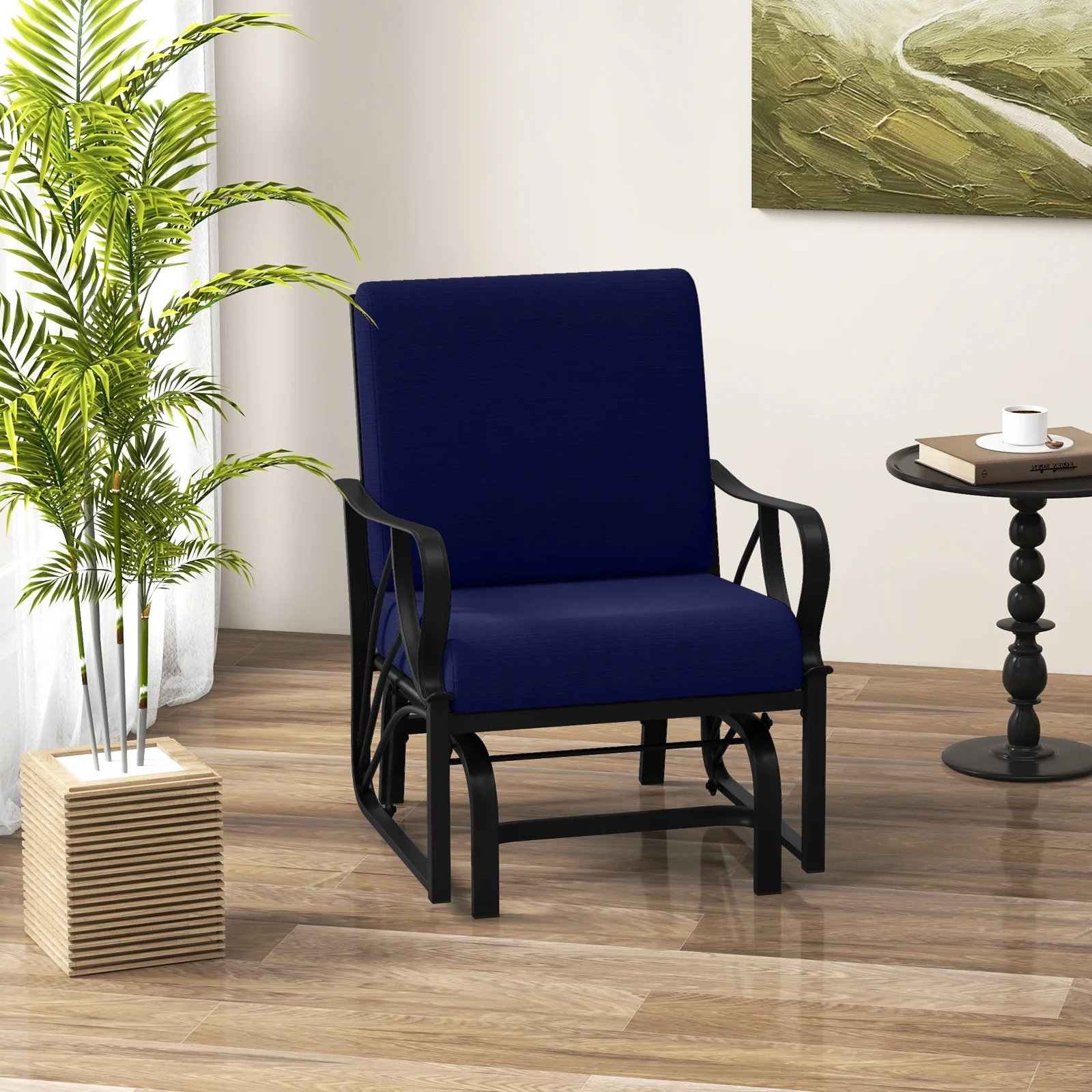 Patio Glider Rocking Chair, Thick Cushion, Curved Armrest, Navy - Image 2