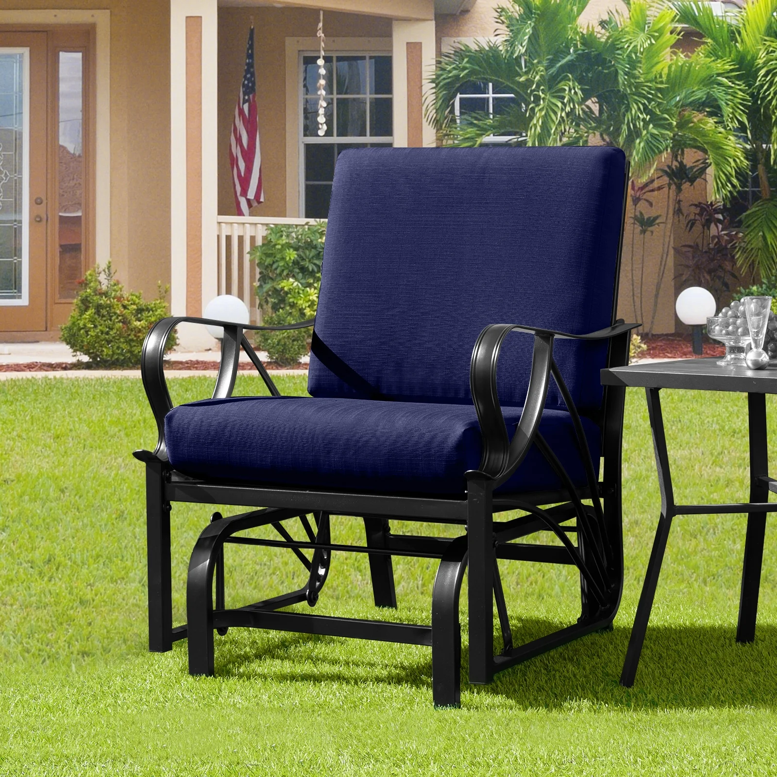 Patio Glider Rocking Chair, Thick Cushion, Curved Armrest, Navy - Image 3