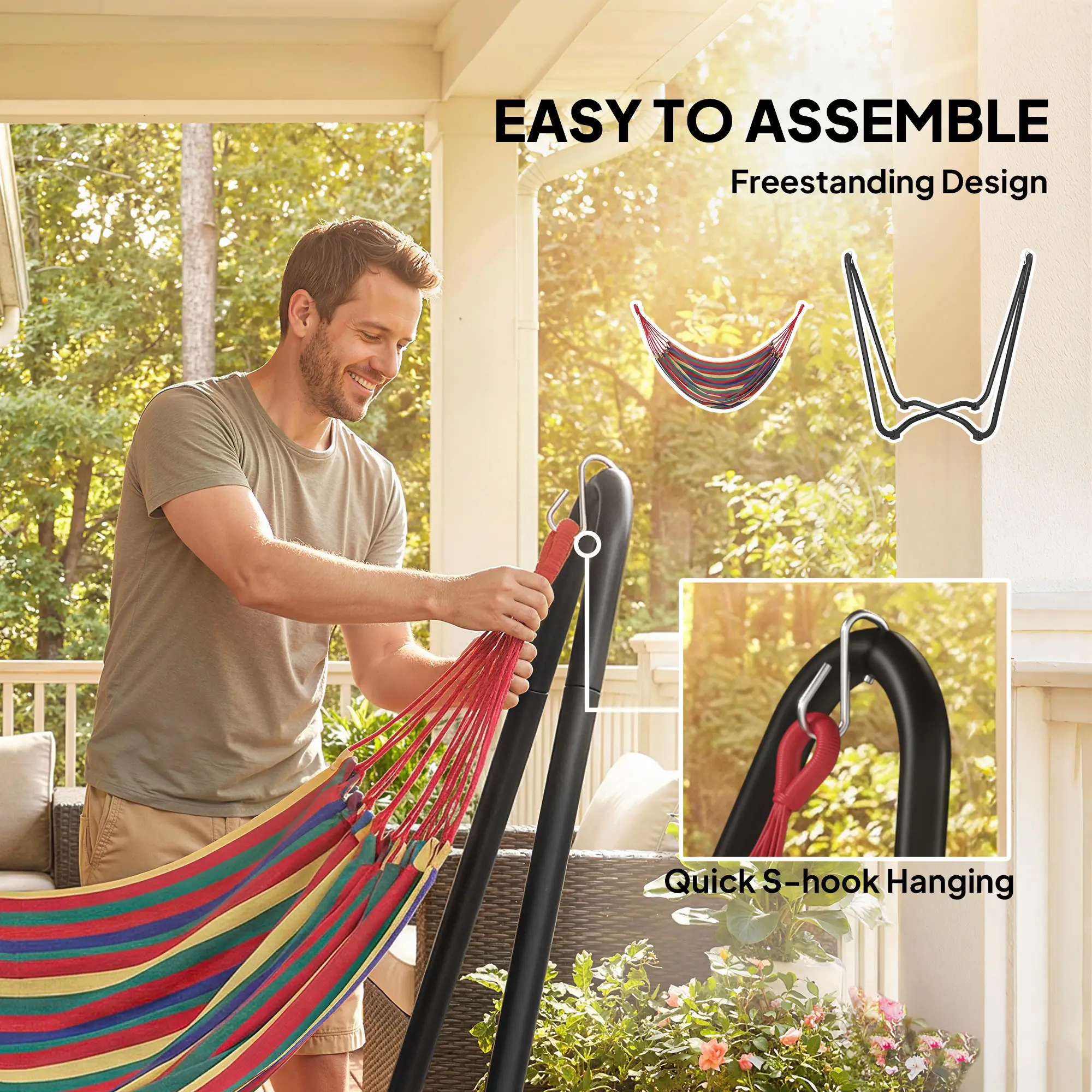 Patio Hammock With Stand, Fabric Outdoor Bed, Multi-Colored - Image 4
