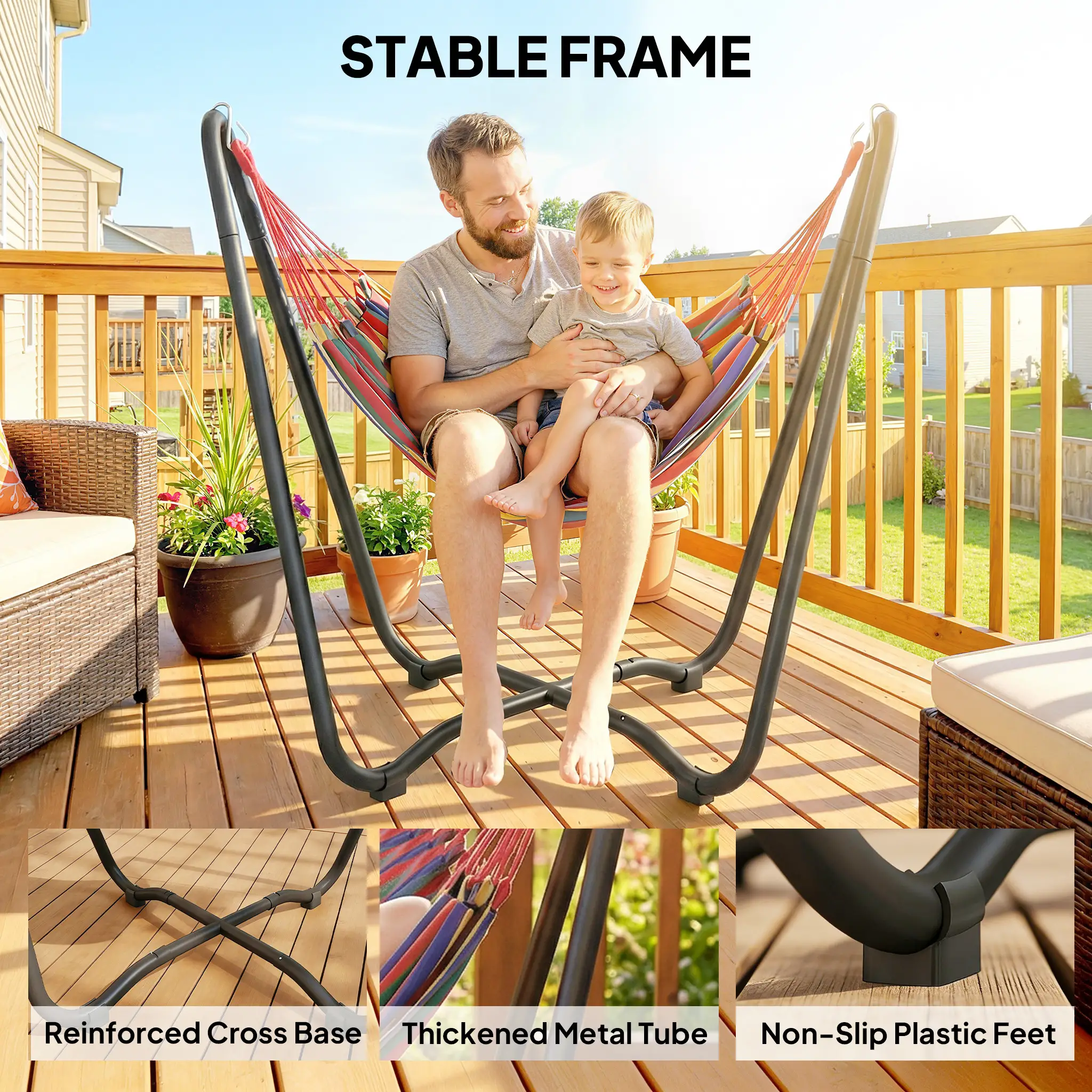 Patio Hammock With Stand, Fabric Outdoor Bed, Multi-Colored - Image 6