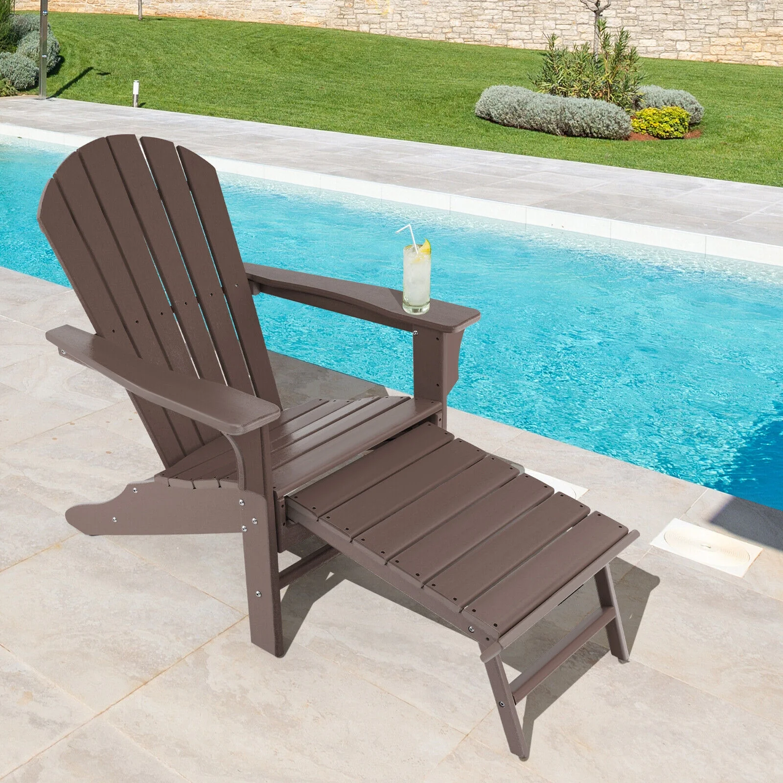 Patio HDPE Adirondack Chair With Retractable Ottoman, Brown - Image 3