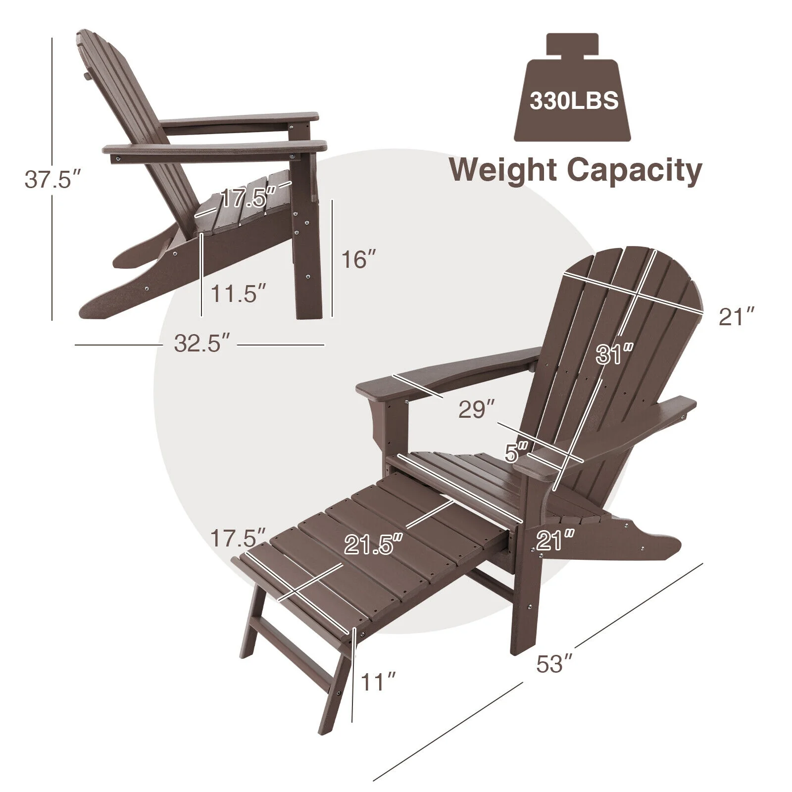 Patio HDPE Adirondack Chair With Retractable Ottoman, Brown - Image 5