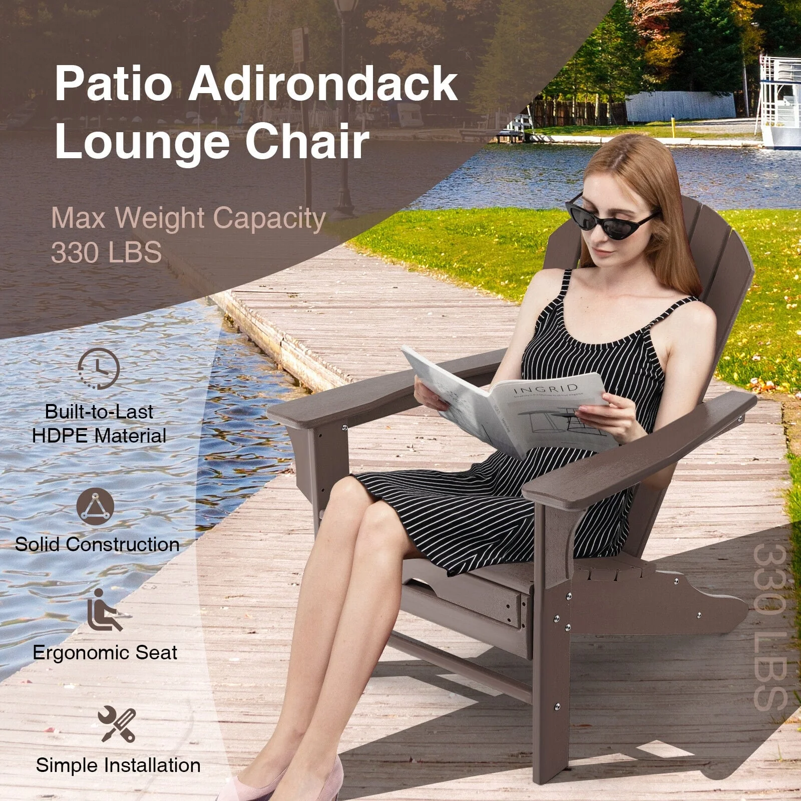 Patio HDPE Adirondack Chair With Retractable Ottoman, Brown - Image 6