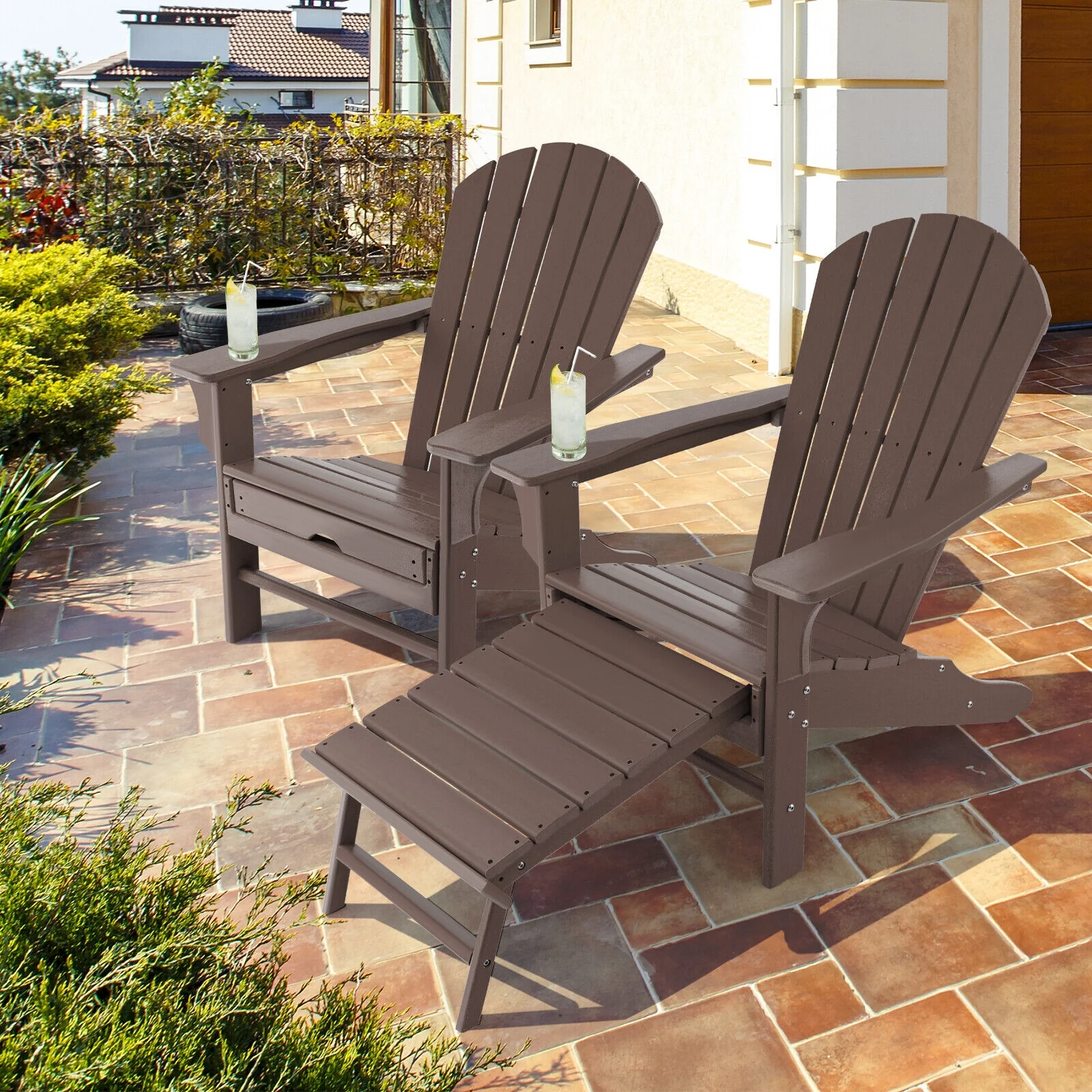 Patio HDPE Adirondack Chair With Retractable Ottoman, Brown - Image 9
