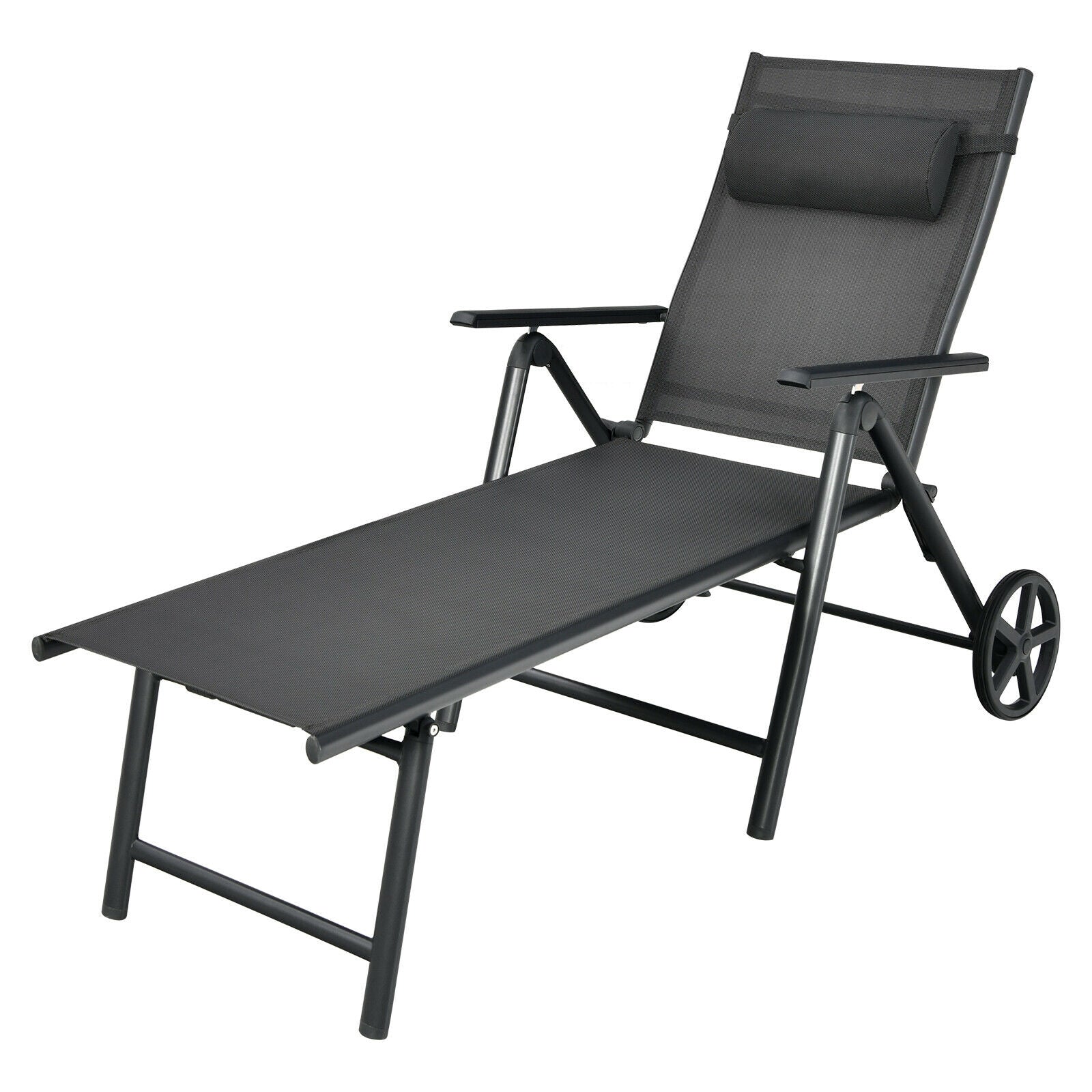 Patio Lounge Chair, Adjustable Aluminum Frame, Wheels, Neck Pillow, Gray