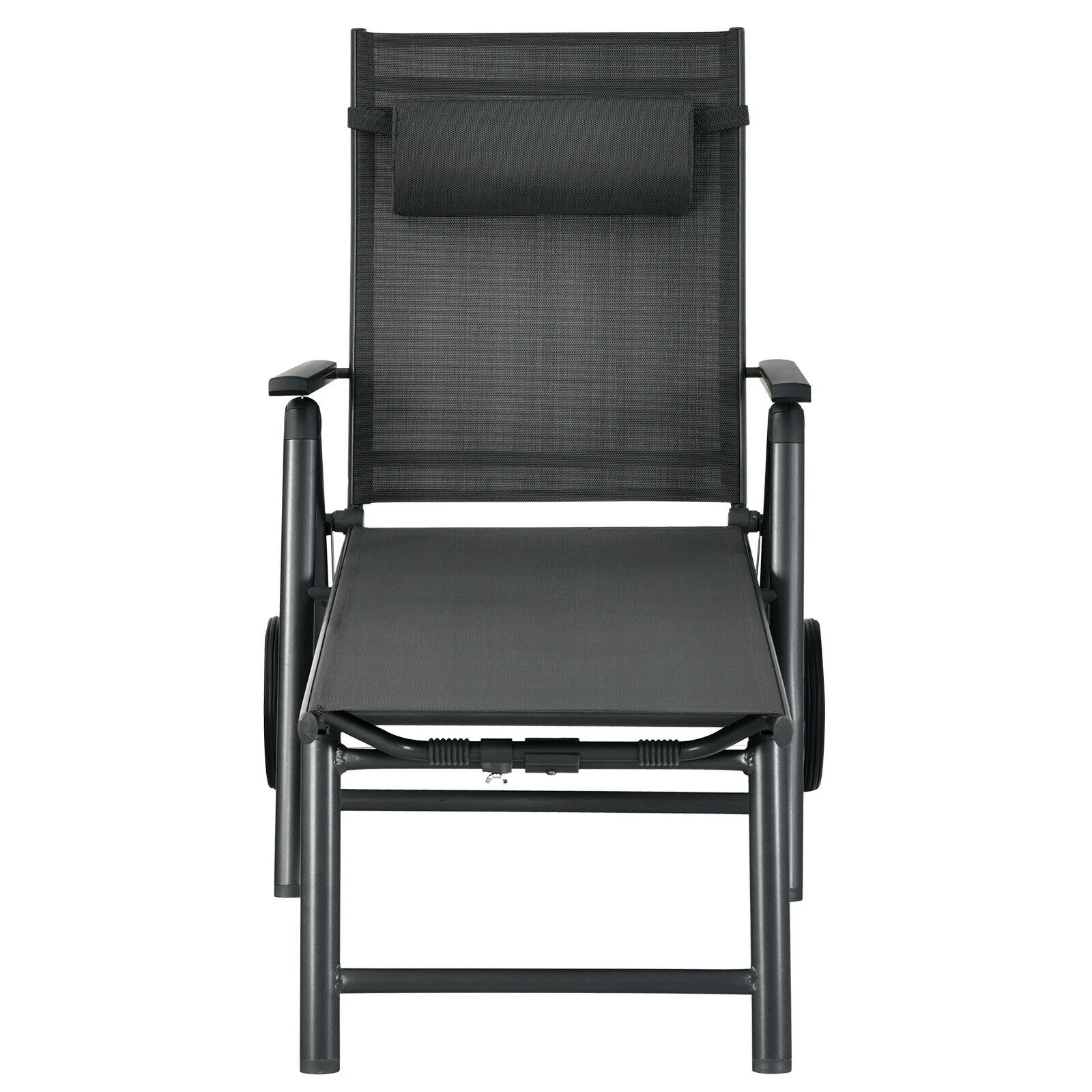 Patio Lounge Chair, Adjustable Aluminum Frame, Wheels, Neck Pillow, Gray - Image 10