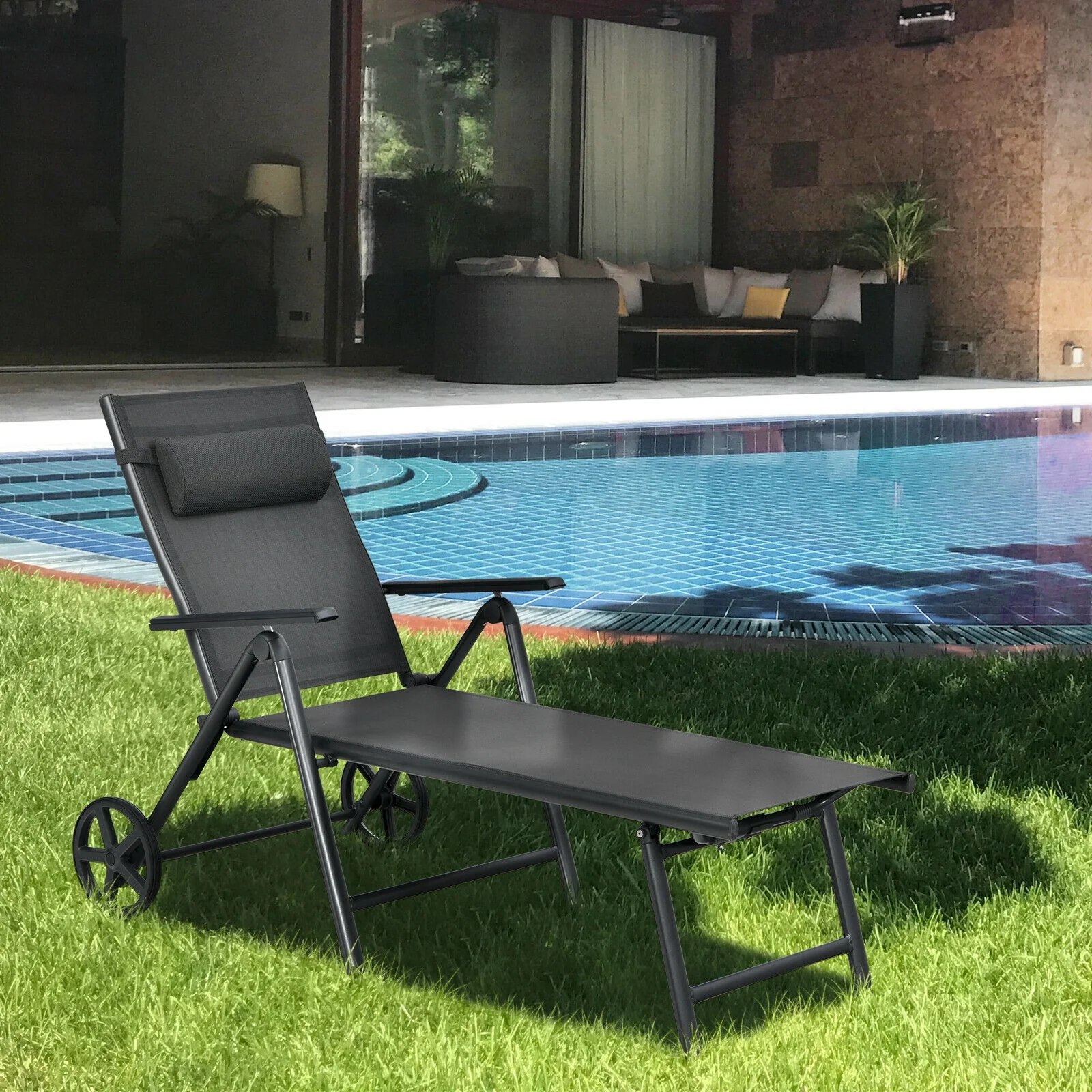 Patio Lounge Chair, Adjustable Aluminum Frame, Wheels, Neck Pillow, Gray - Image 2