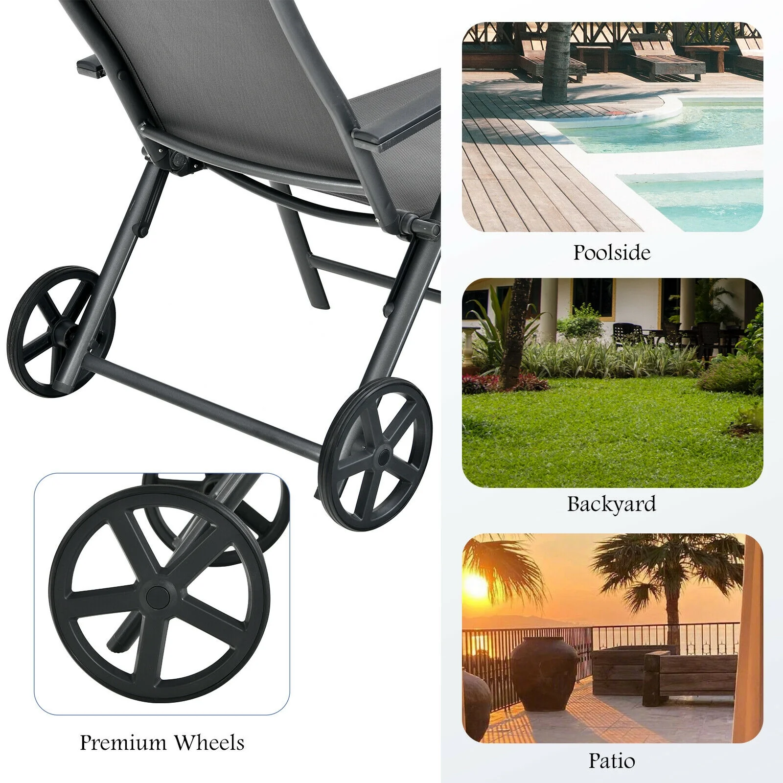 Patio Lounge Chair, Adjustable Aluminum Frame, Wheels, Neck Pillow, Gray - Image 3