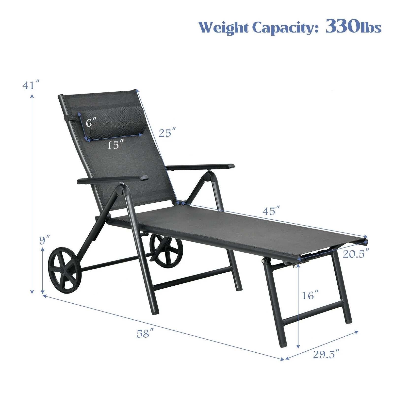 Patio Lounge Chair, Adjustable Aluminum Frame, Wheels, Neck Pillow, Gray - Image 5