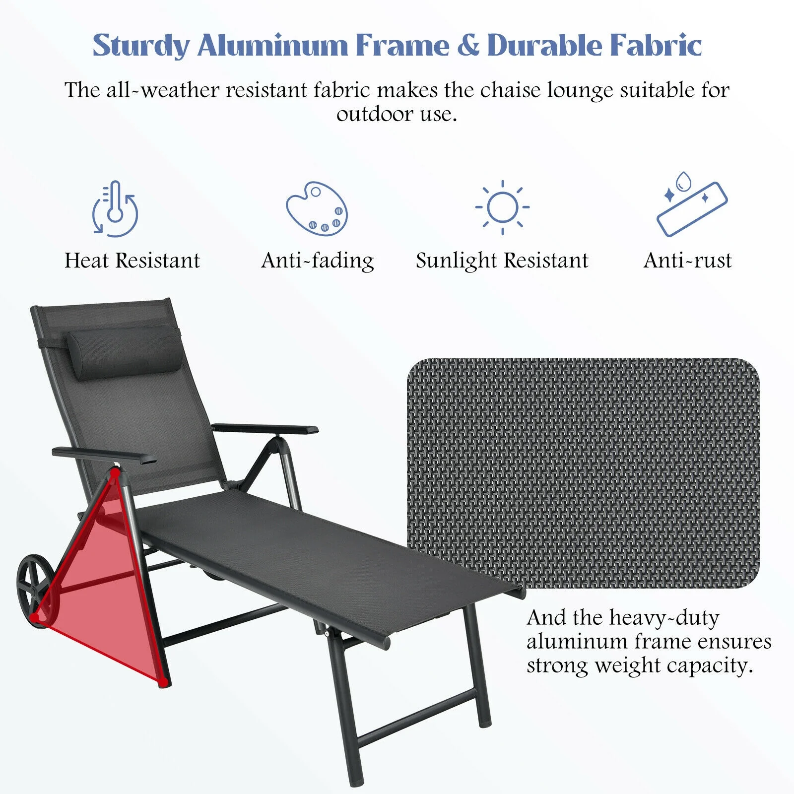 Patio Lounge Chair, Adjustable Aluminum Frame, Wheels, Neck Pillow, Gray - Image 6