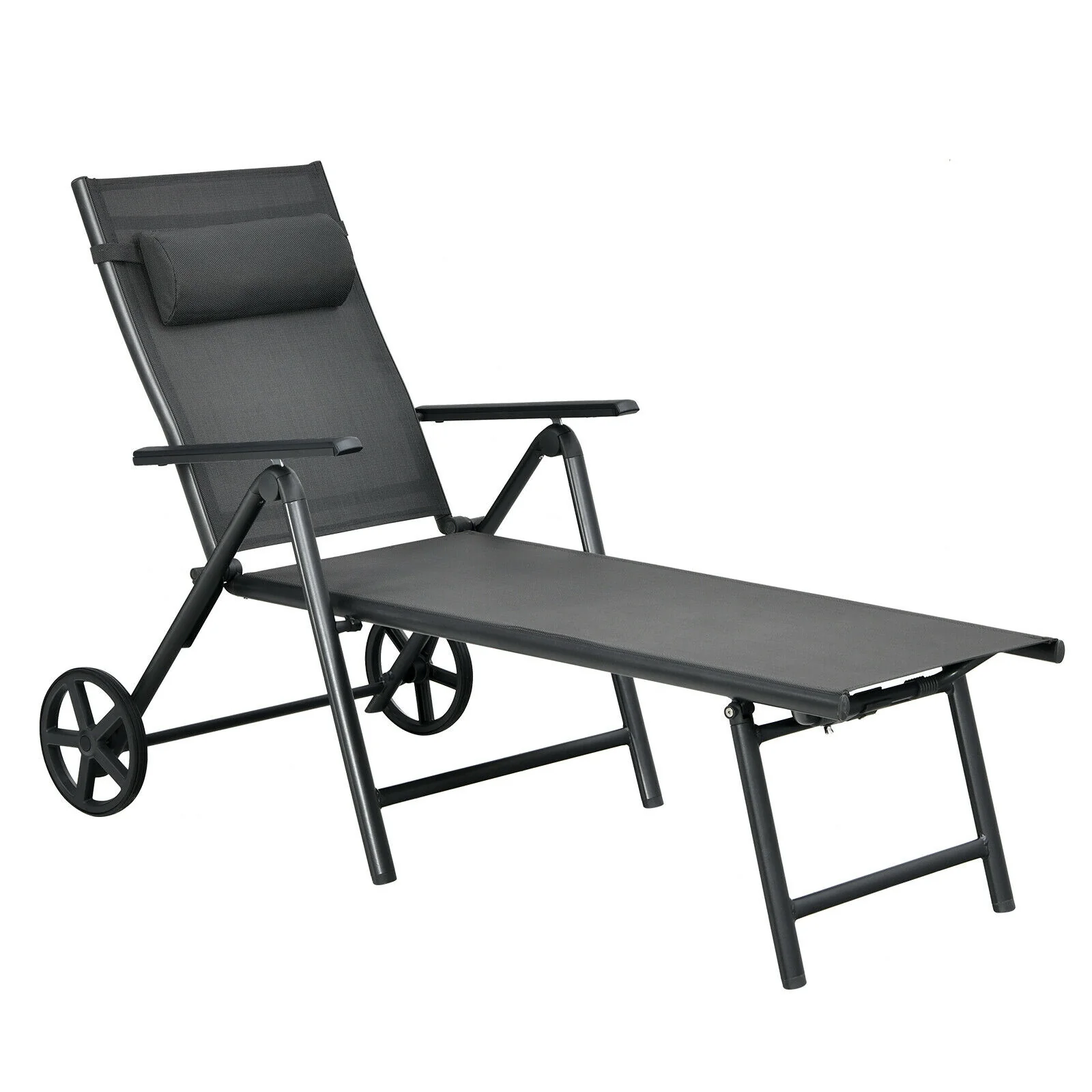 Patio Lounge Chair, Adjustable Aluminum Frame, Wheels, Neck Pillow, Gray - Image 8