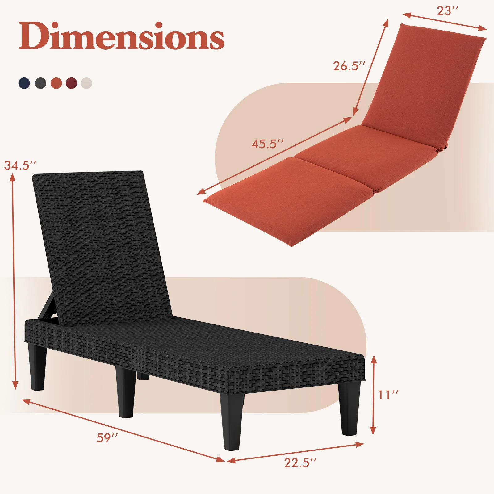 Patio Lounge Chair, Adjustable Backrest, Cushion, Orange - Image 4