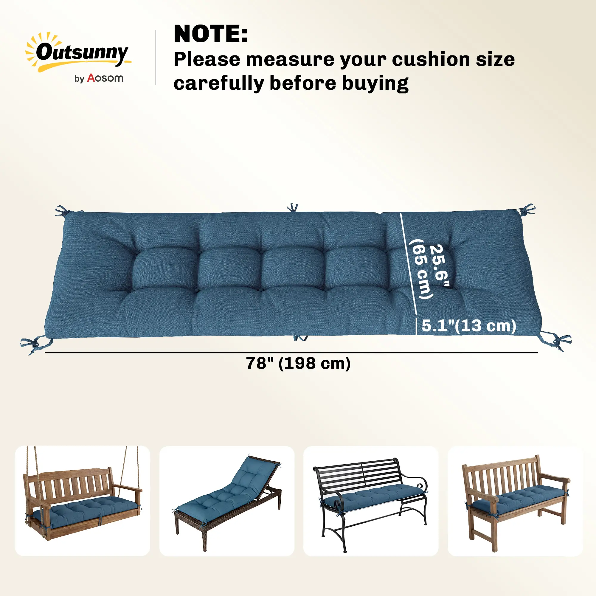 Patio Lounge Chair Cushion, UV50+ with Straps, 78 x 25.6 inch, Blue - Image 3