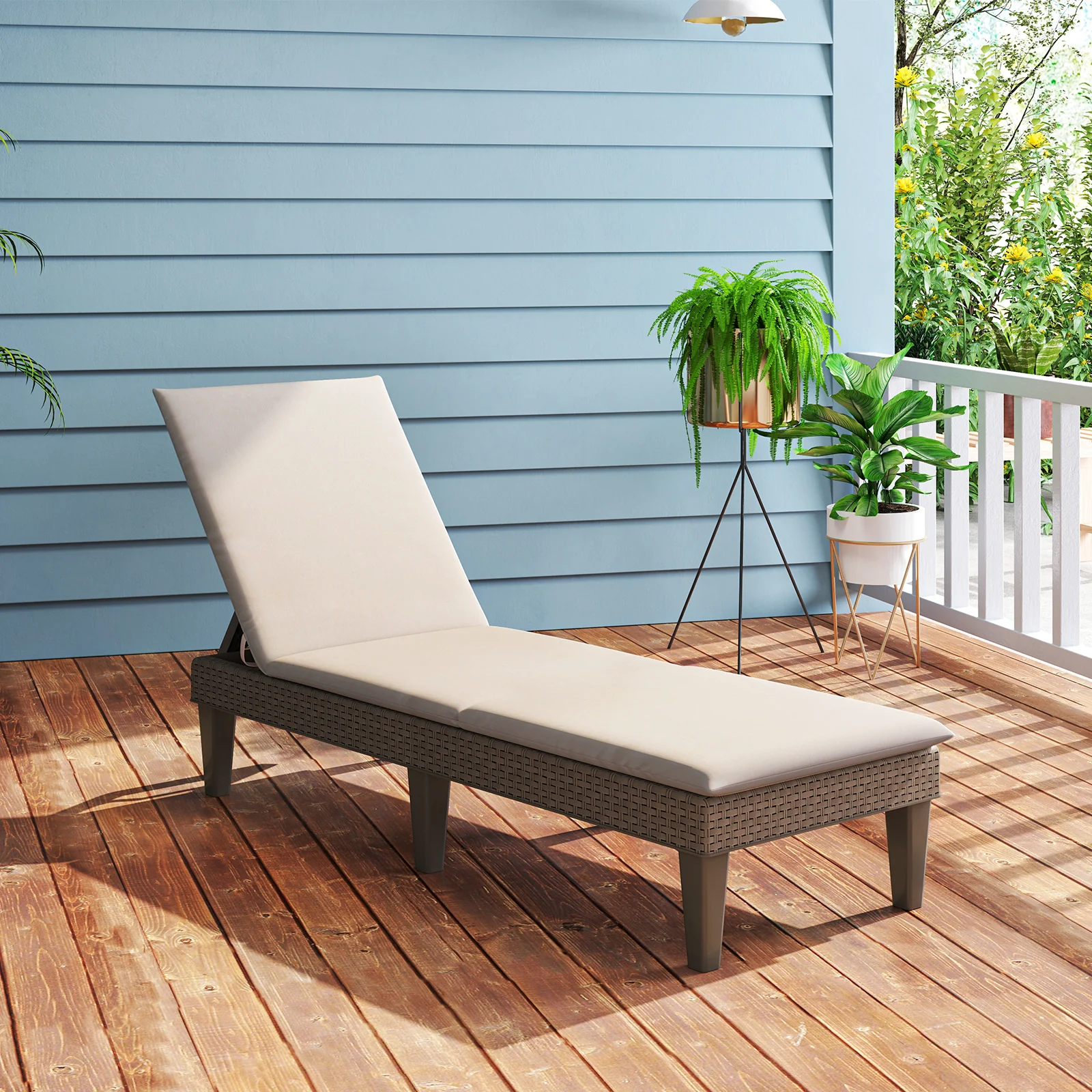 Patio Lounge Recliner Chair, Adjustable Backrest, Cushion, Beige - Image 2