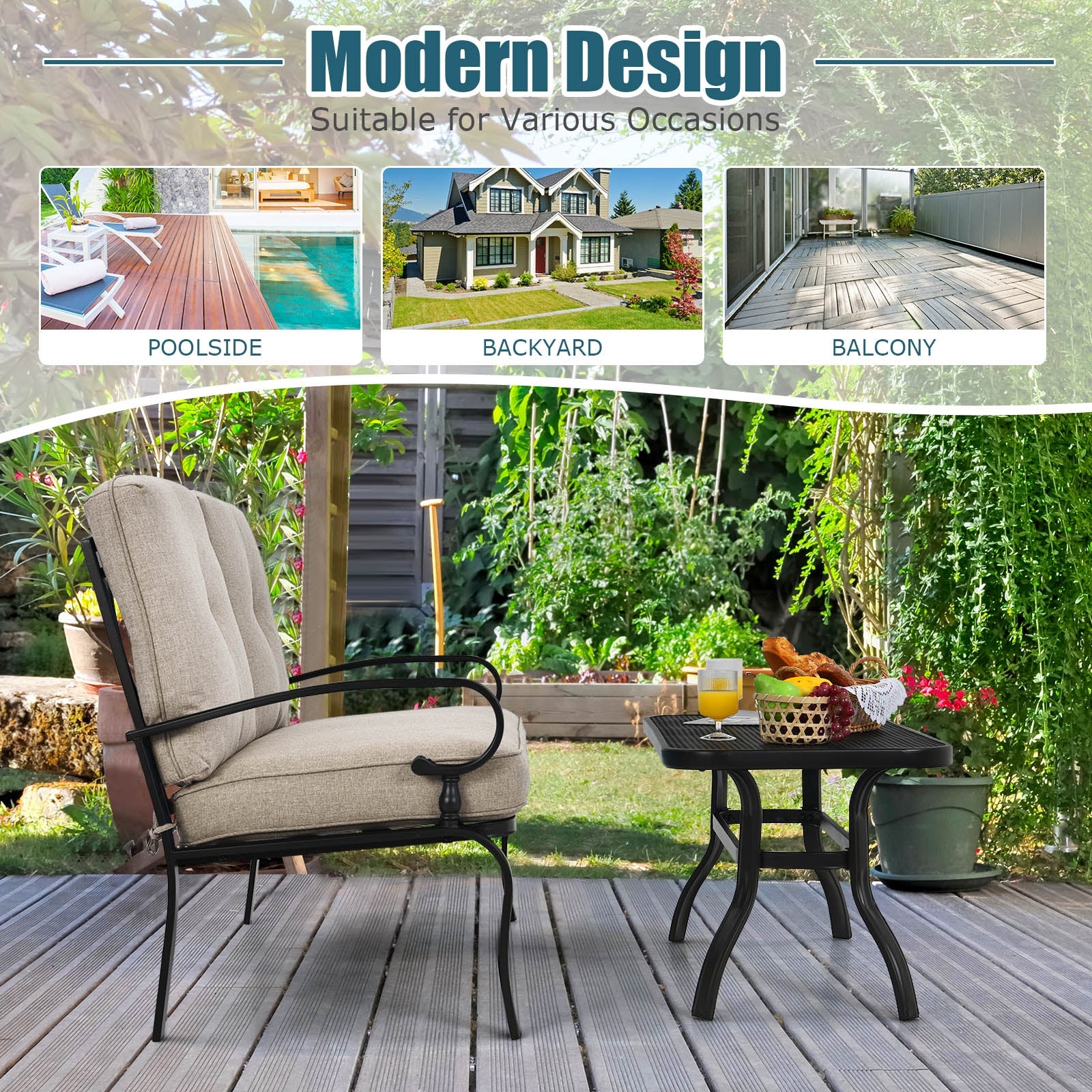 Patio Loveseat Bench Table Set, 2 Pieces, Beige - Image 3