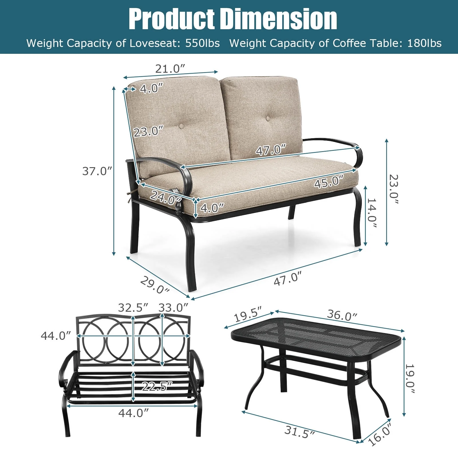 Patio Loveseat Bench Table Set, 2 Pieces, Beige - Image 5