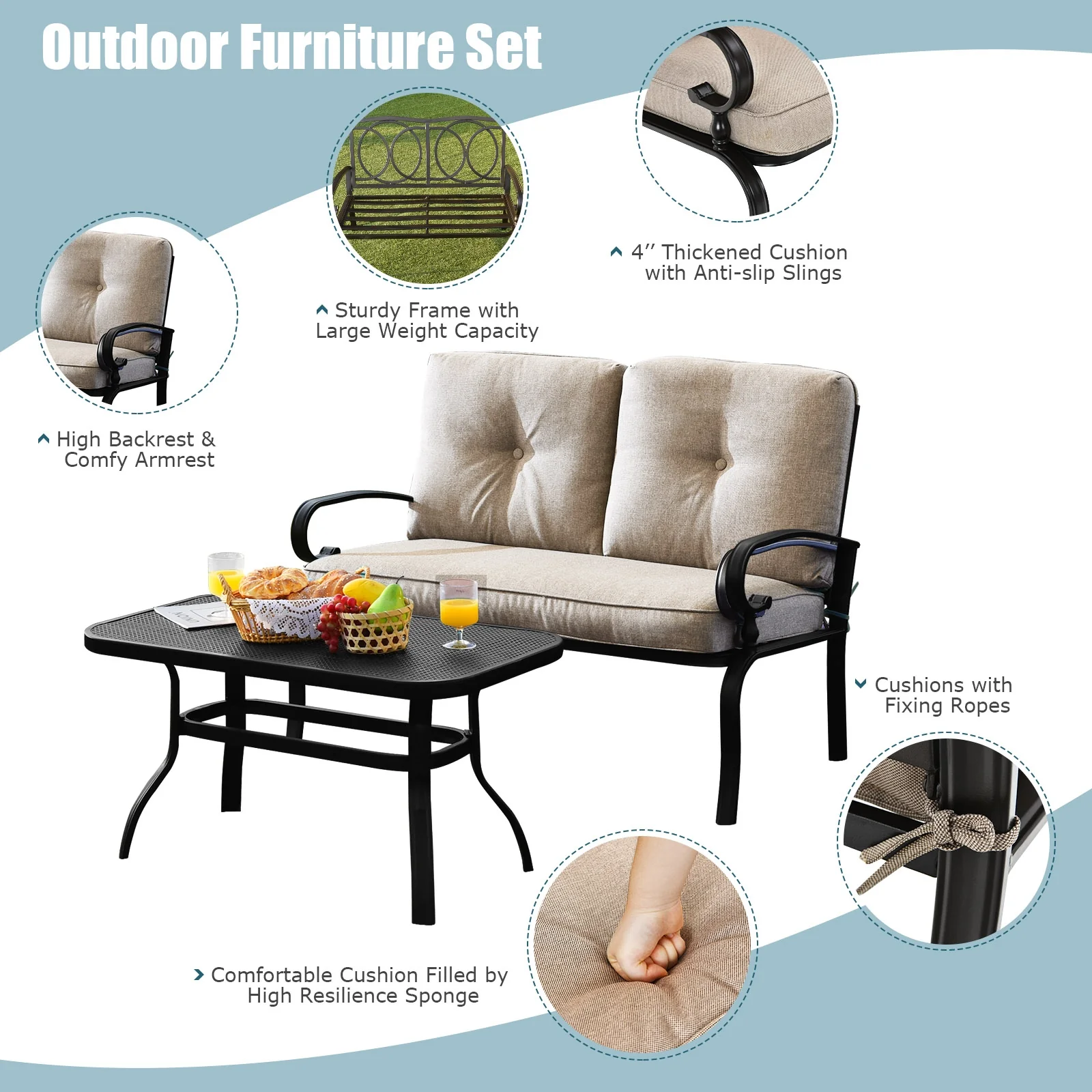 Patio Loveseat Bench Table Set, 2 Pieces, Beige - Image 9
