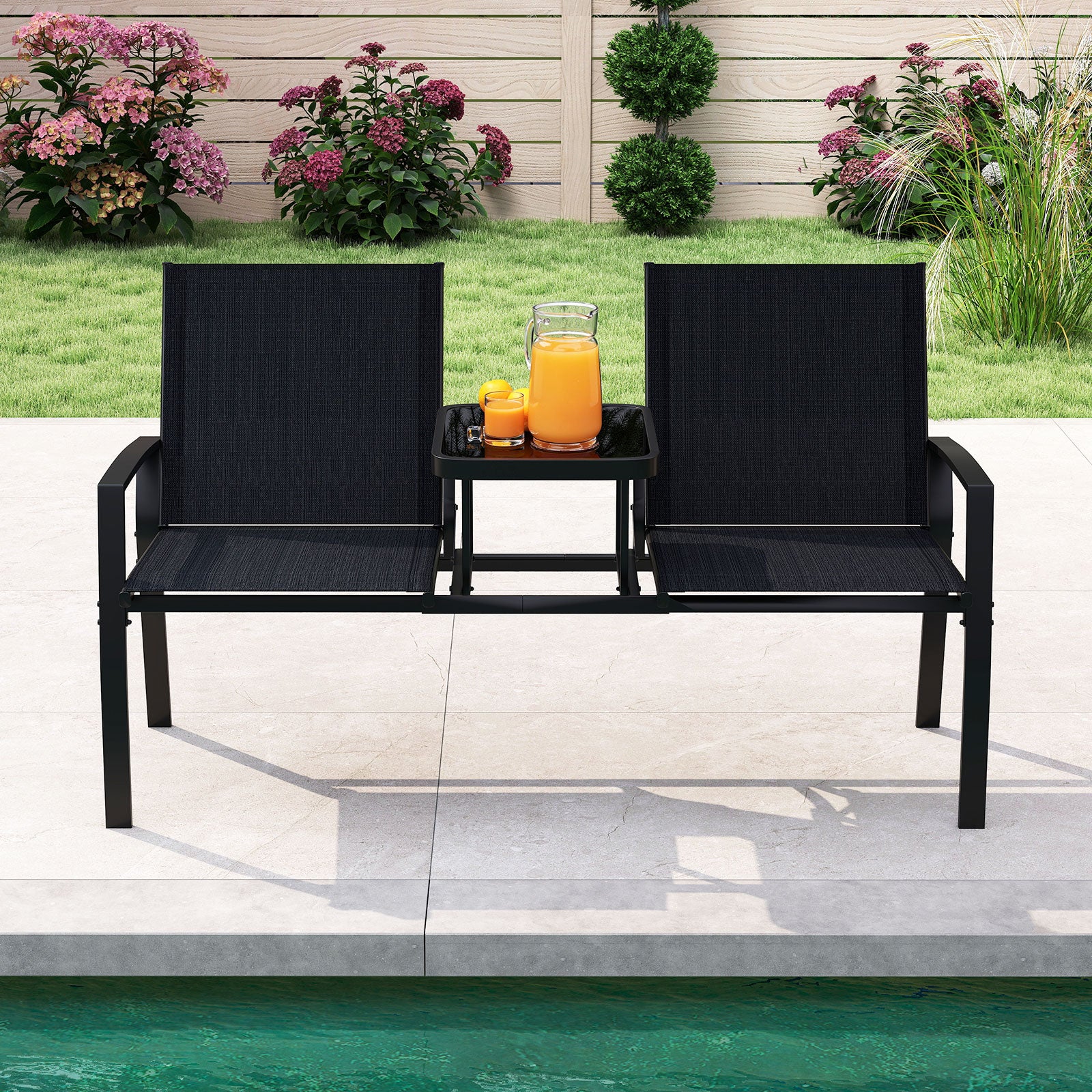Patio Loveseat with Built-in Table, Black - Image 3