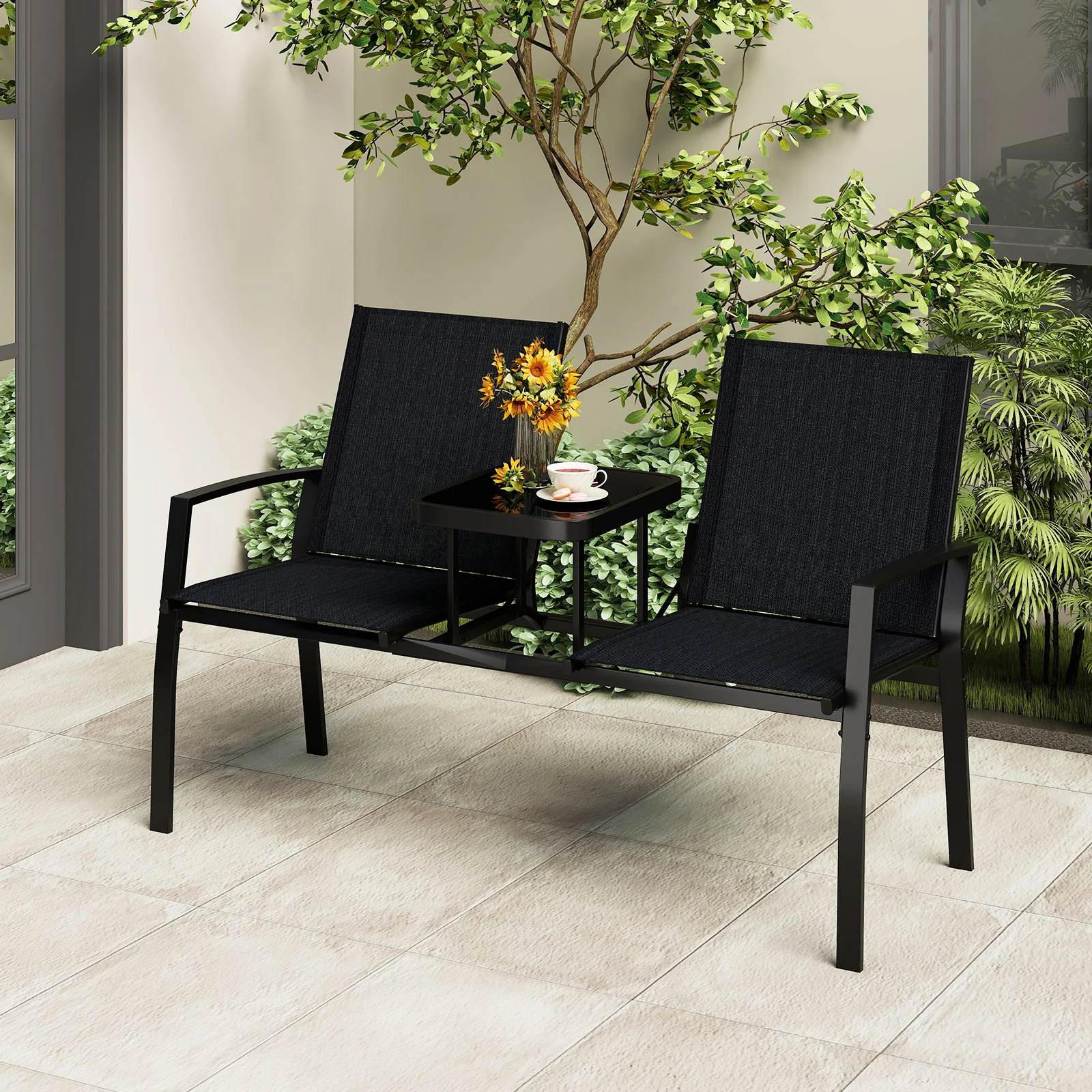 Patio Loveseat with Built-in Table, Black - Image 6