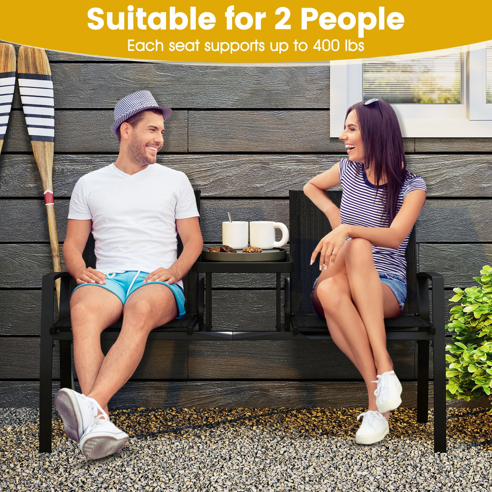 Patio Loveseat with Built-in Table, Black - Image 7