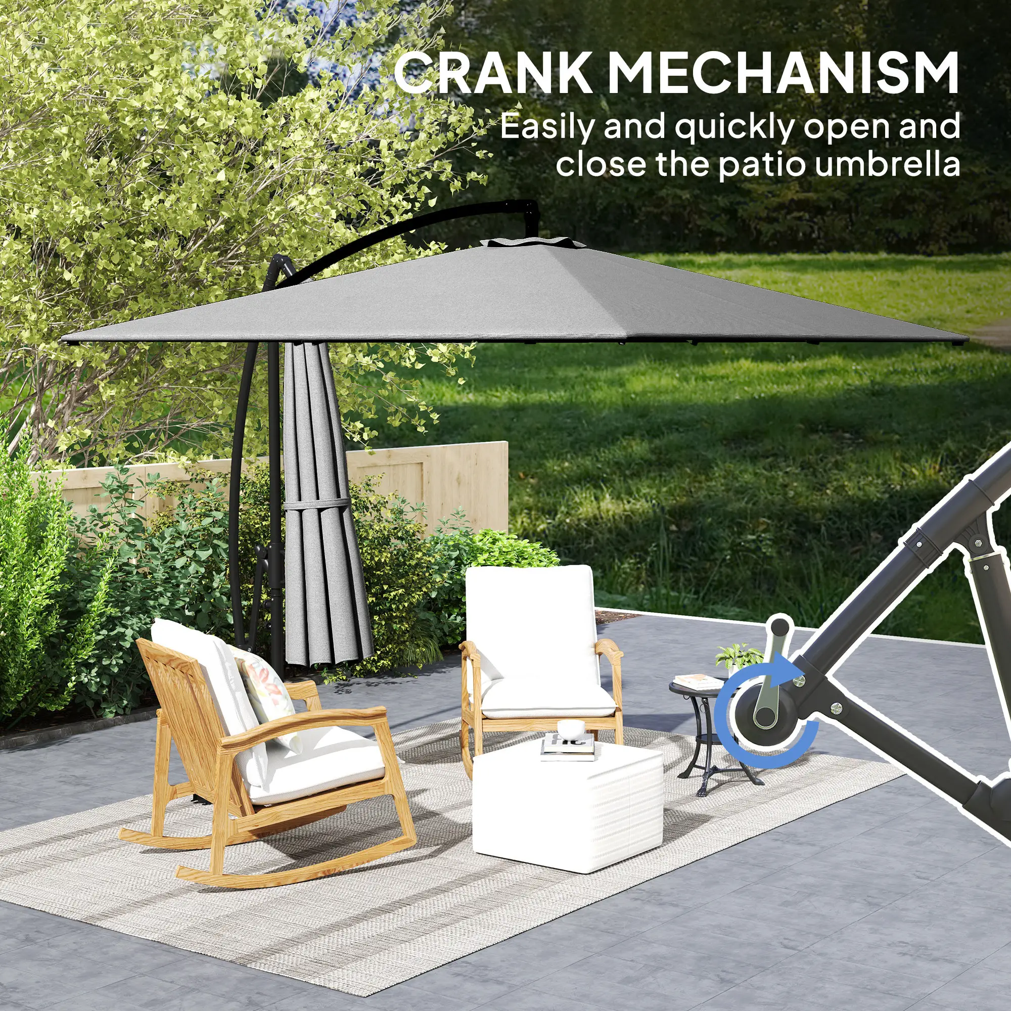 Patio Offset Umbrella, Crank Parasol With Base, Cover, Wind Securing, Khaki - Image 7
