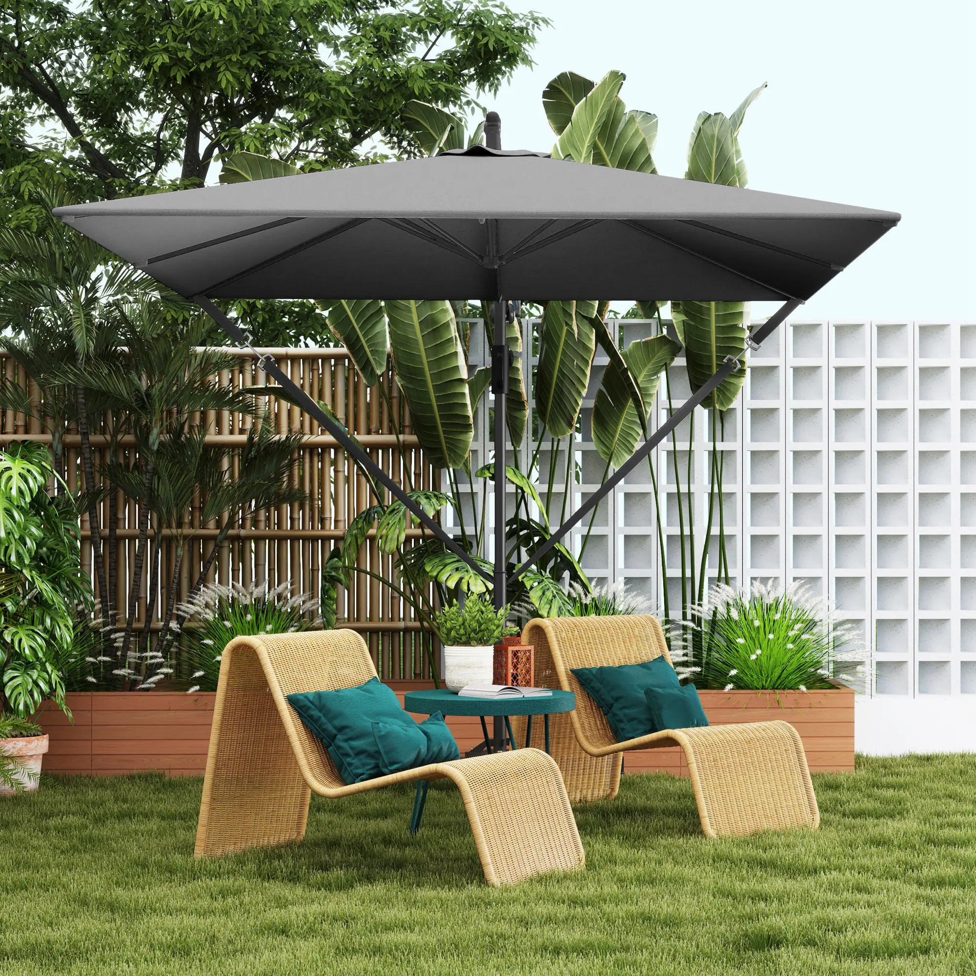 Patio Offset Umbrella, Crank Parasol With Base, Cover, Wind Securing, Khaki - Image 8