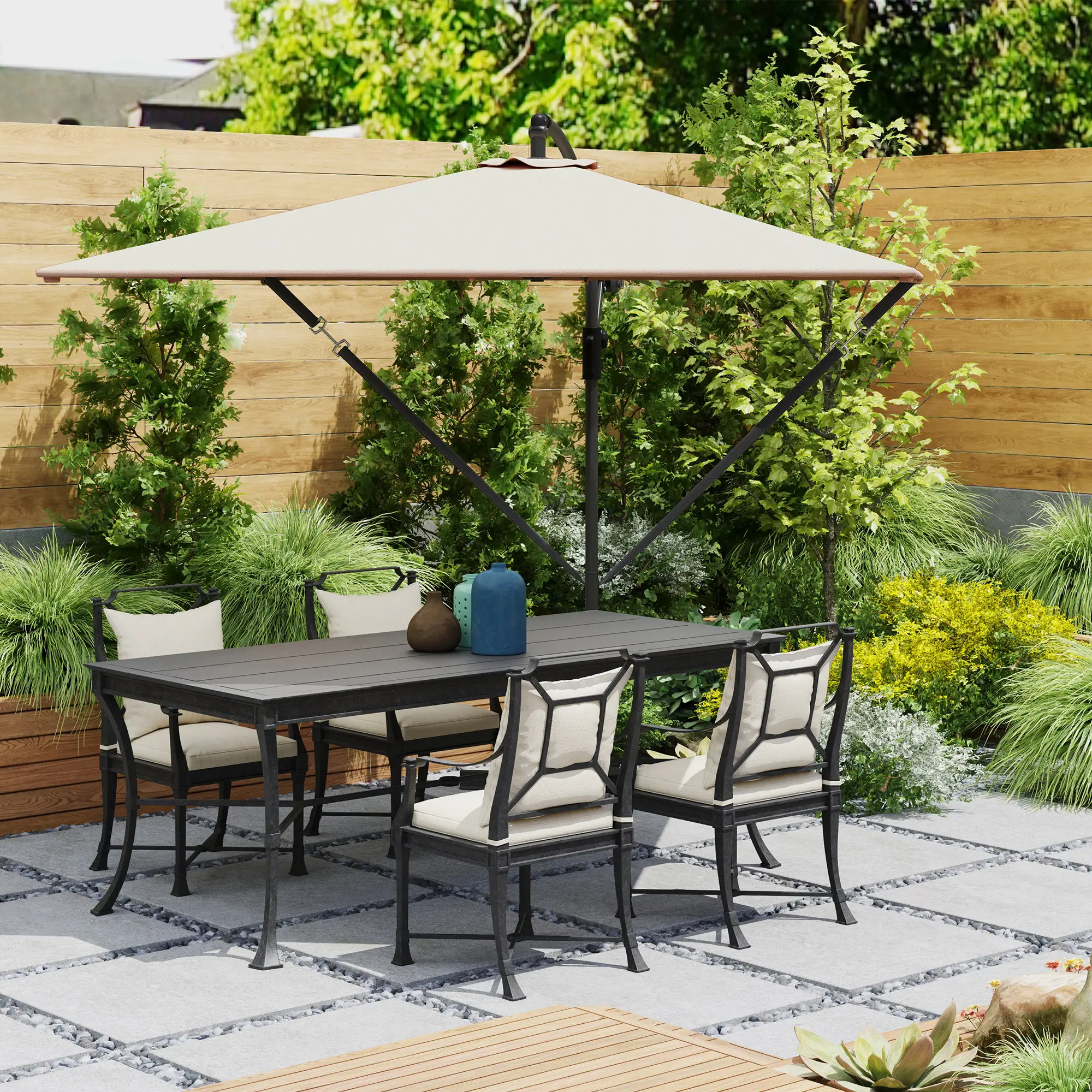 Patio Offset Umbrella, UPF 50+ UV Protection, Crank Parasol With Base, Khaki - Image 10