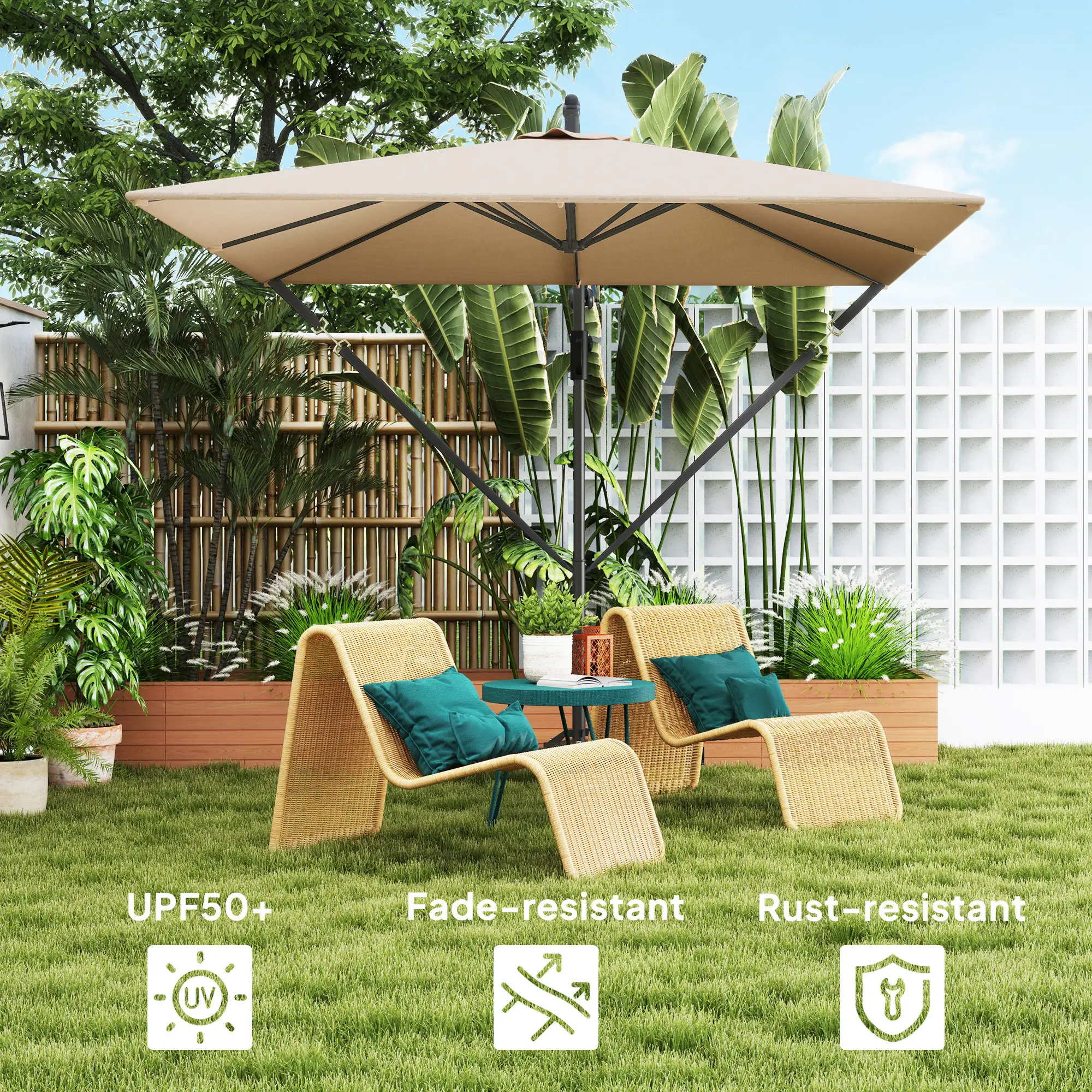 Patio Offset Umbrella, UPF 50+ UV Protection, Crank Parasol With Base, Khaki - Image 5