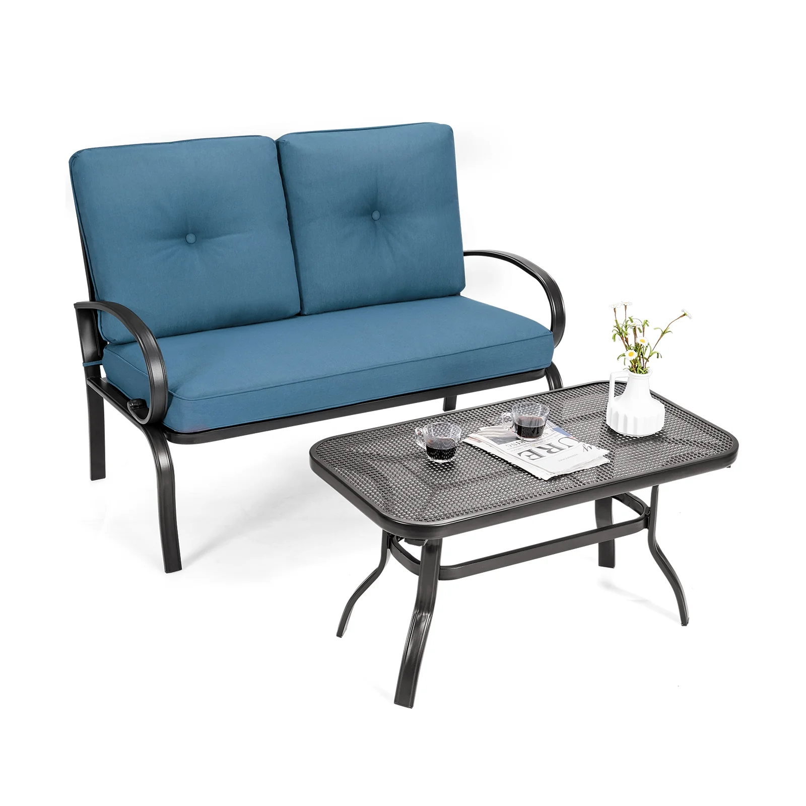 Patio Outdoor Cushioned Coffee Table Seat, Blue - Image 10