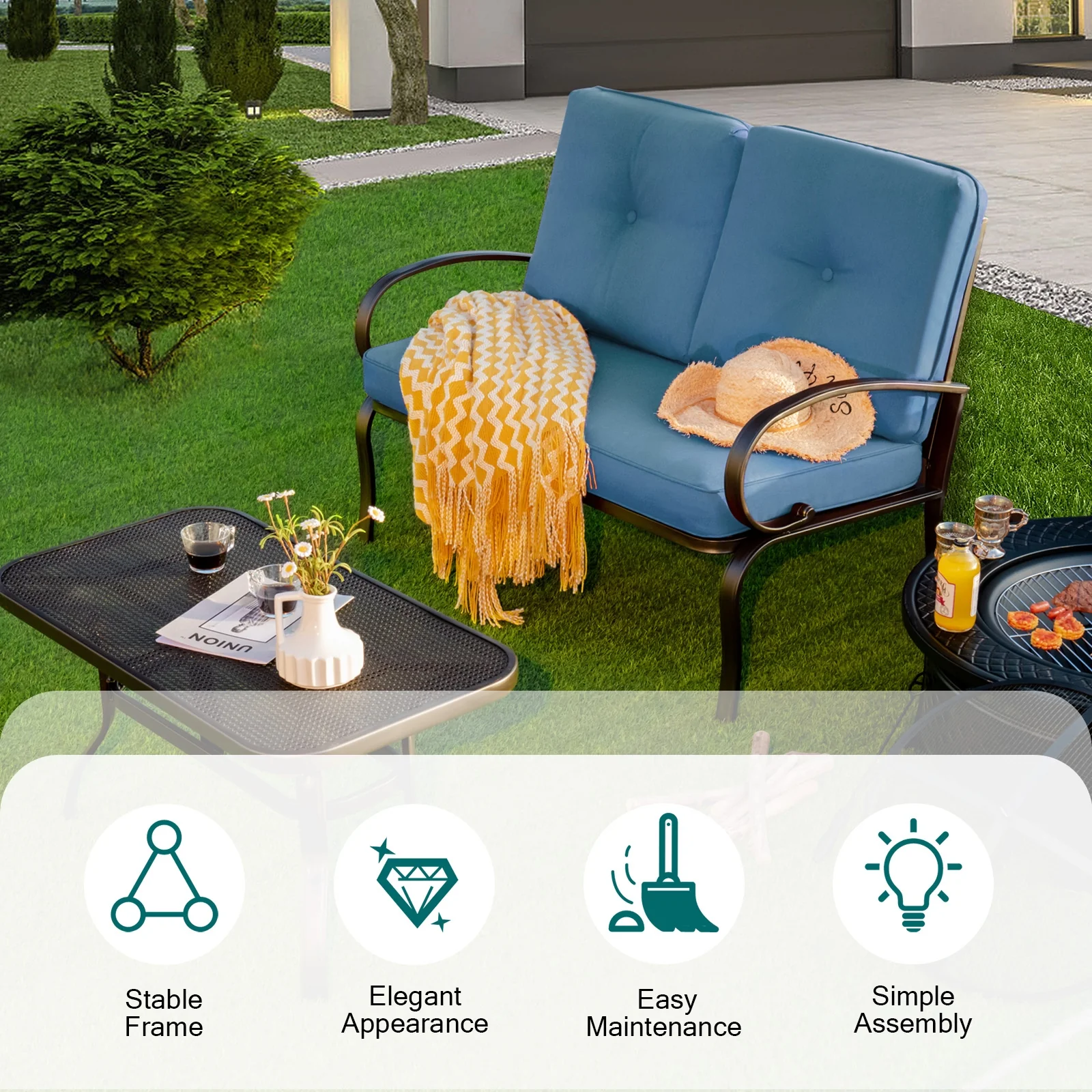 Patio Outdoor Cushioned Coffee Table Seat, Blue - Image 3