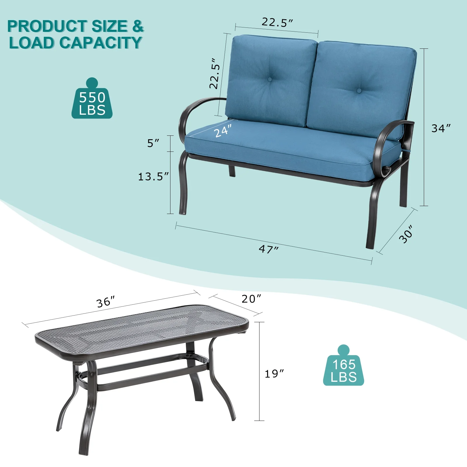 Patio Outdoor Cushioned Coffee Table Seat, Blue - Image 5
