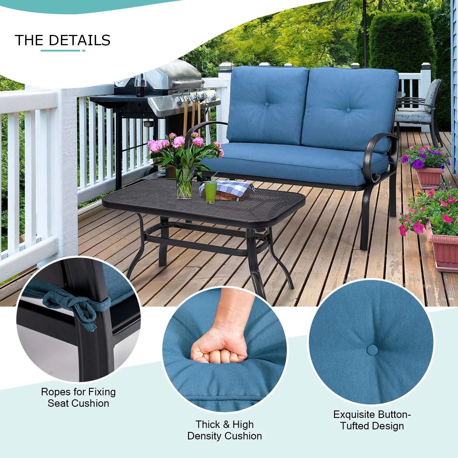 Patio Outdoor Cushioned Coffee Table Seat, Blue - Image 6