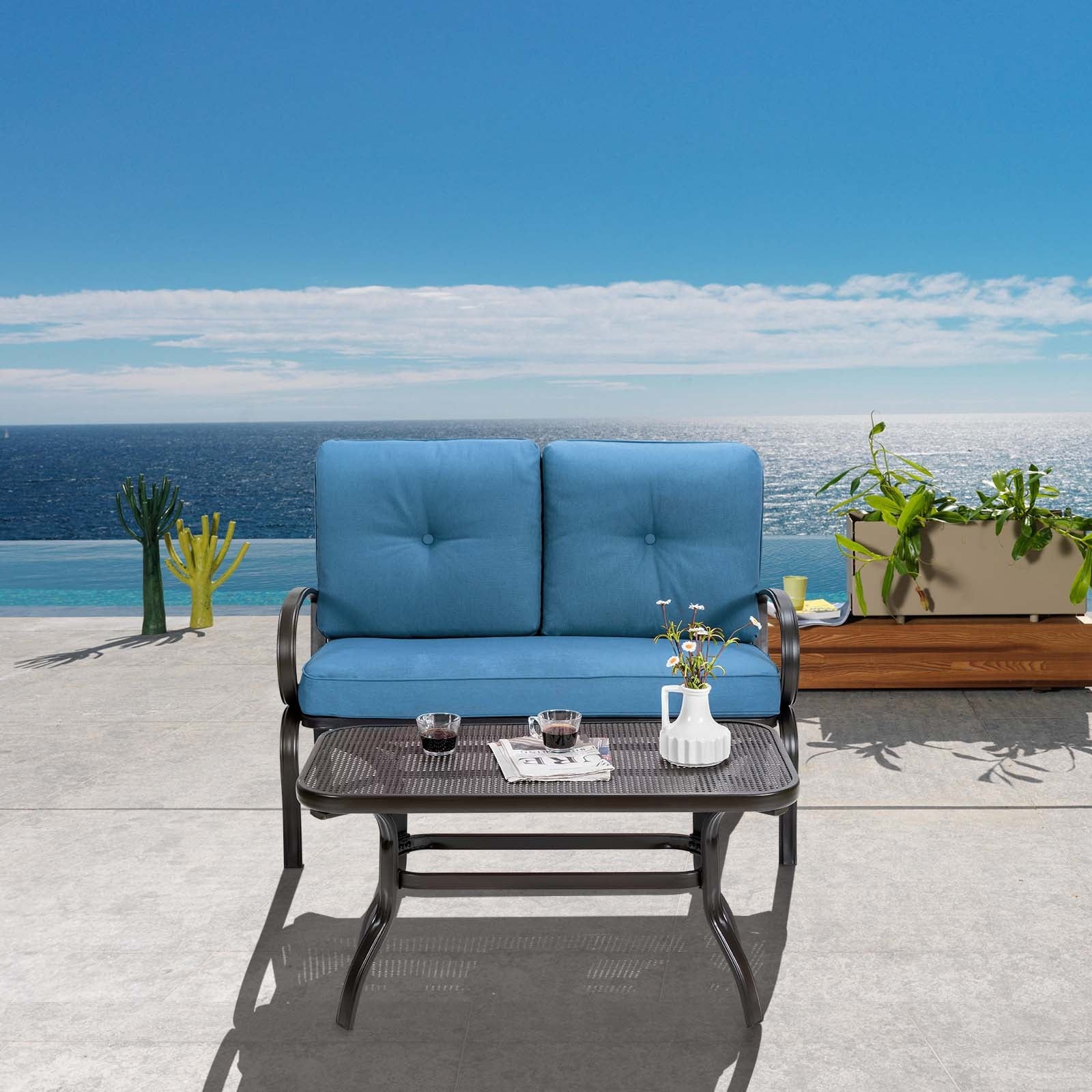 Patio Outdoor Cushioned Coffee Table Seat, Blue - Image 7