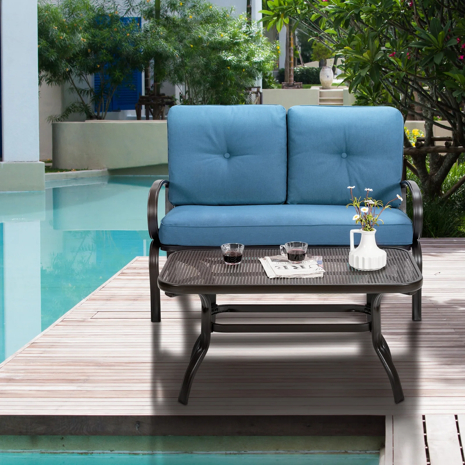 Patio Outdoor Cushioned Coffee Table Seat, Blue - Image 8