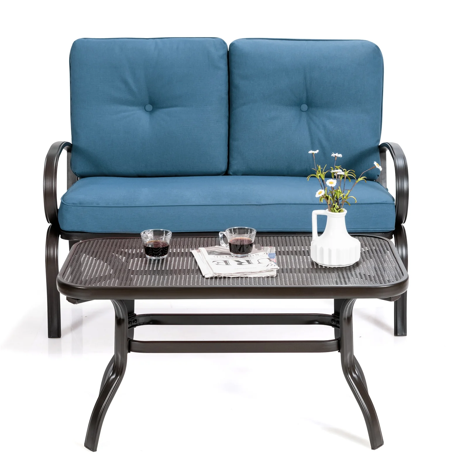 Patio Outdoor Cushioned Coffee Table Seat, Blue - Image 9