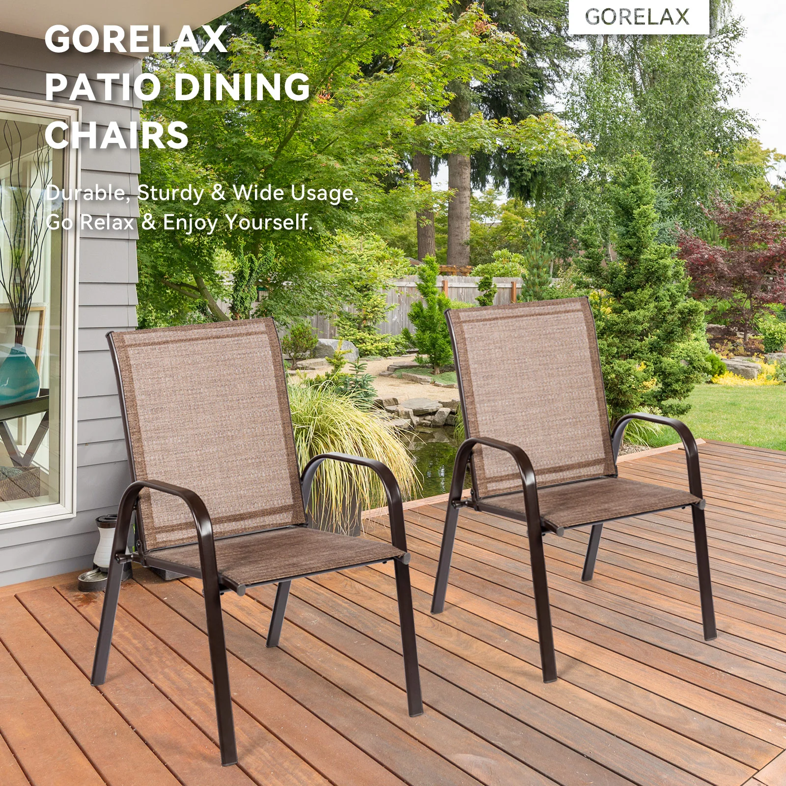 Patio Outdoor Dining Chair, 2 Pieces With Armrest, Brown - Image 2