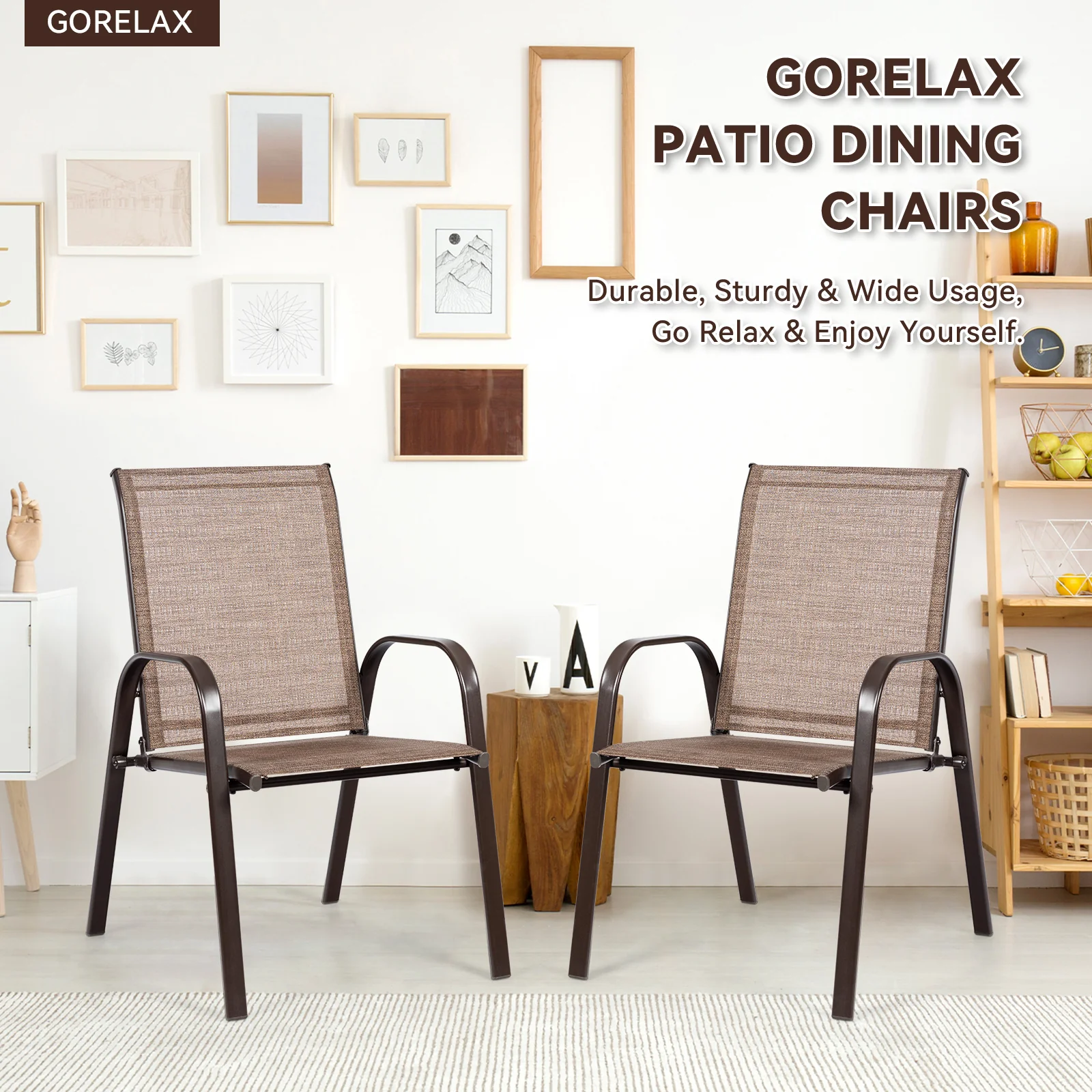 Patio Outdoor Dining Chair, 2 Pieces With Armrest, Brown - Image 8